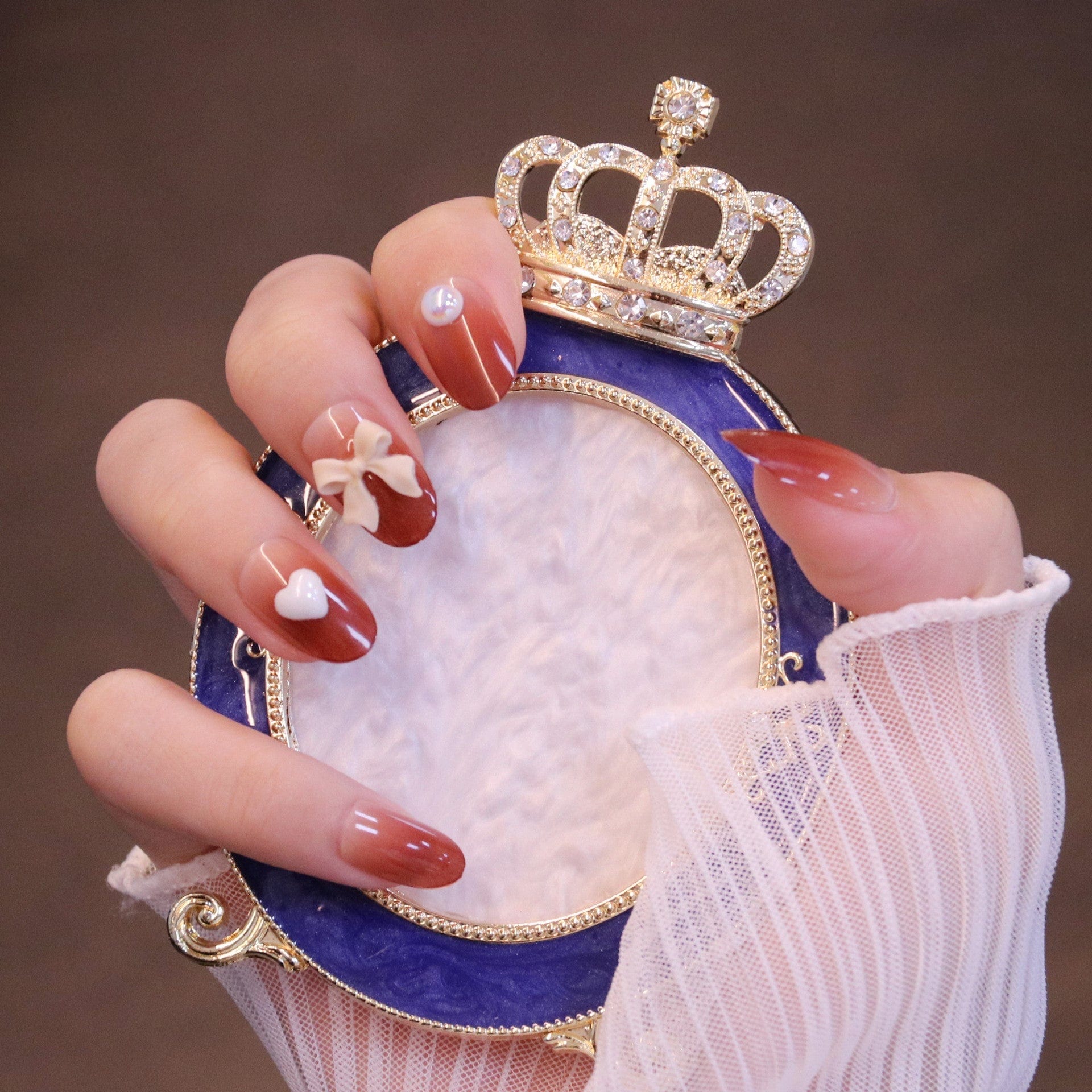 Medium Rounded Red Ombre Press On Nails with Bow and Heart - Image 4