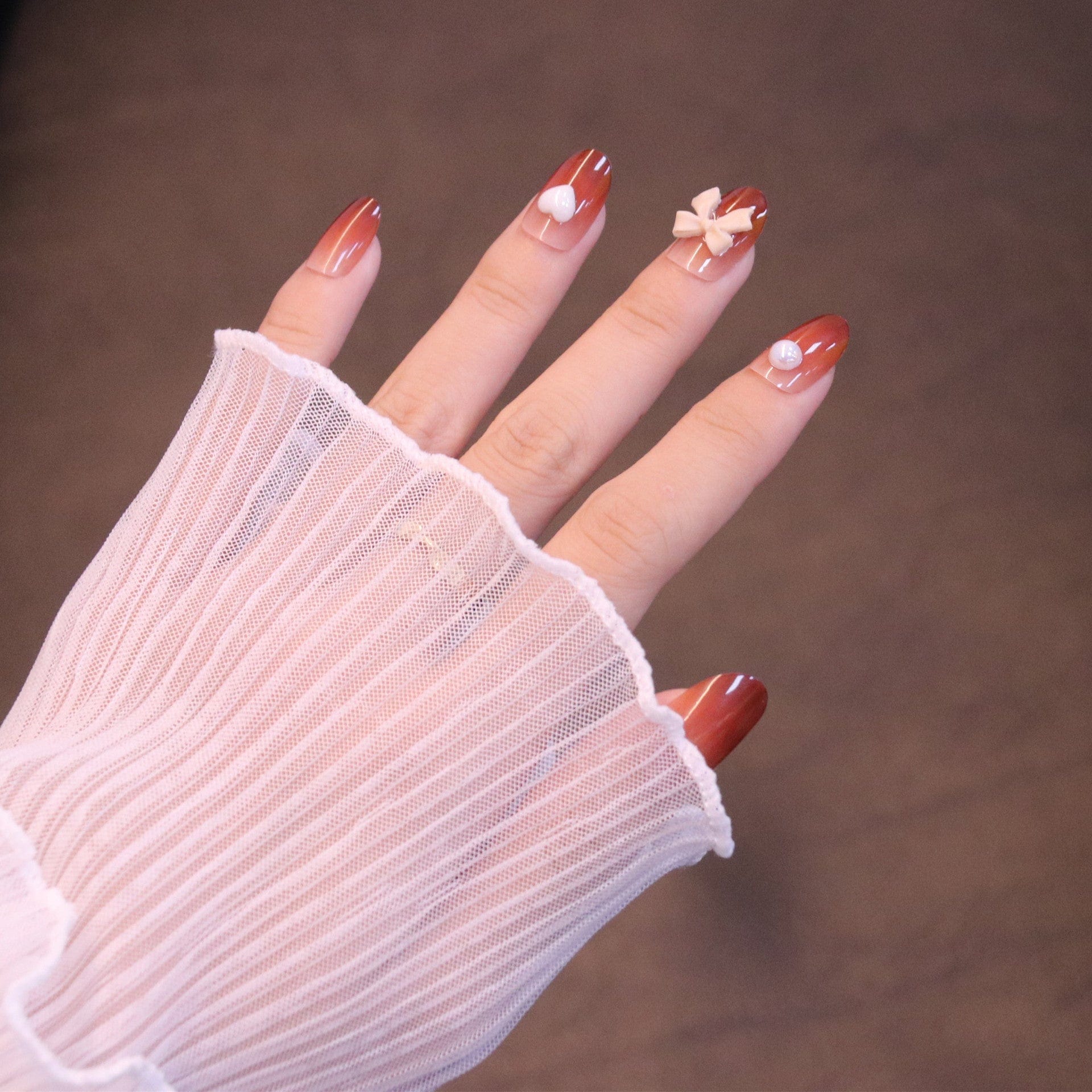 Medium Rounded Red Ombre Press On Nails with Bow and Heart - Image 6