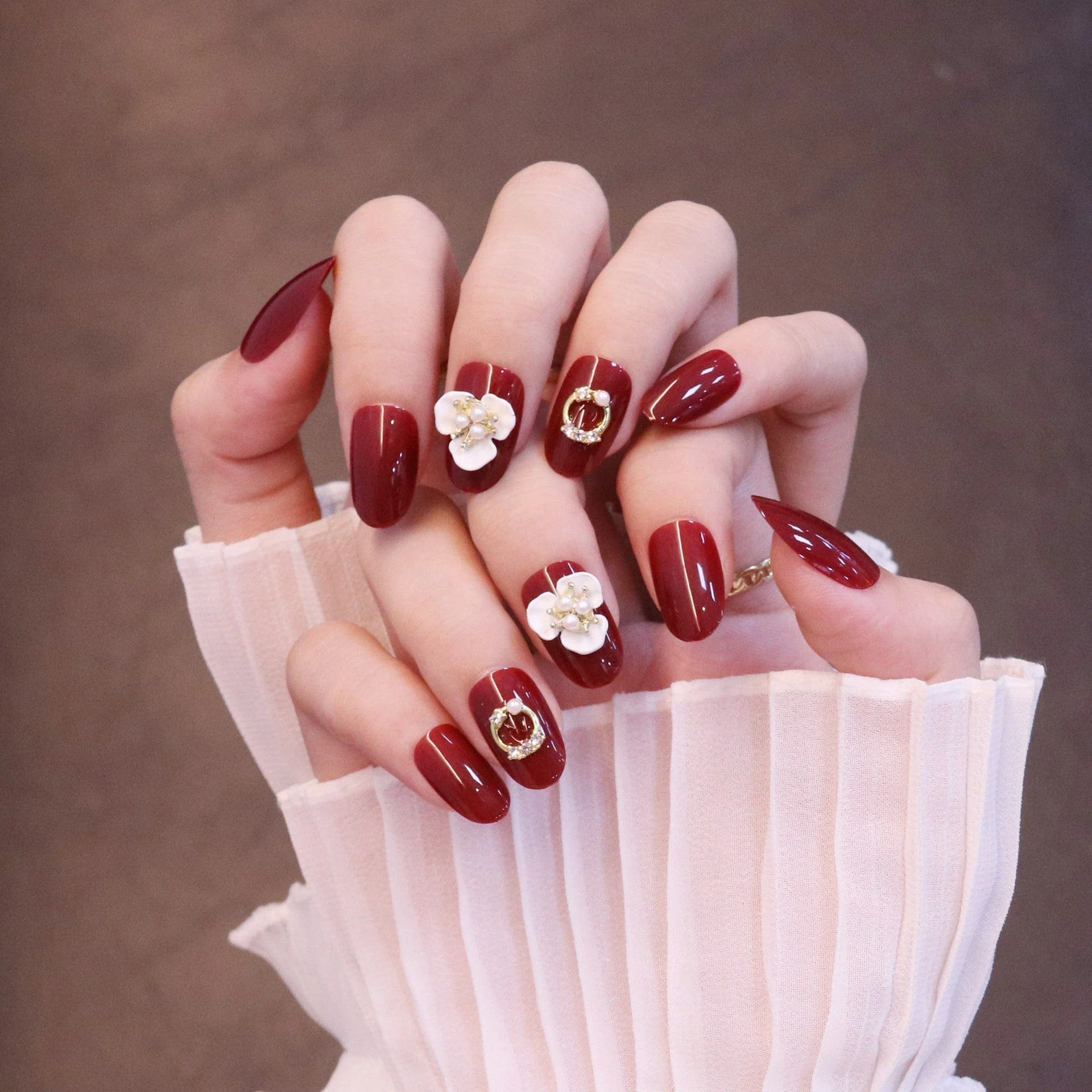 Medium Rounded Red Press On Nails with Flower and Pearl Charms - Image 2