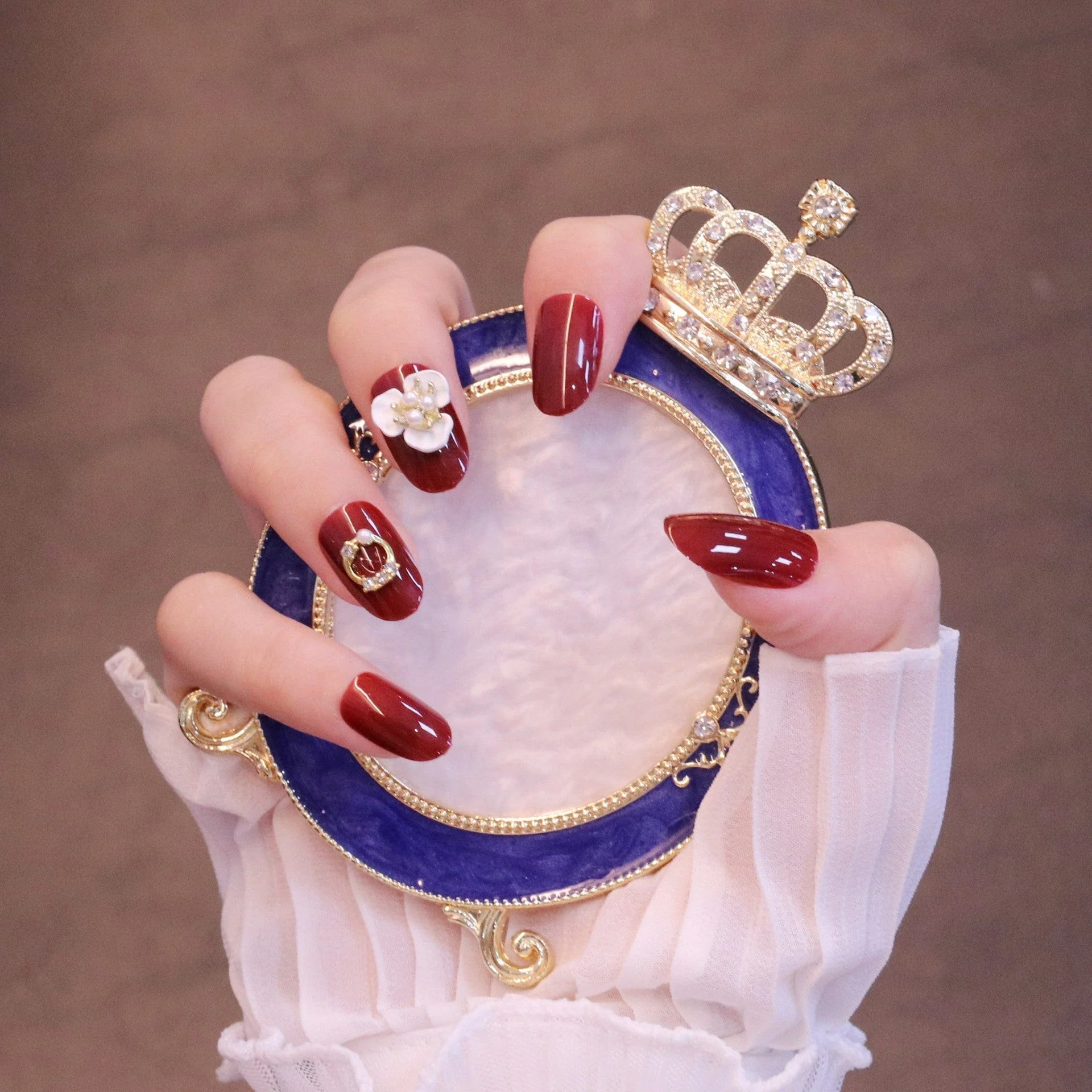 Medium Rounded Red Press On Nails with Flower and Pearl Charms - Image 3