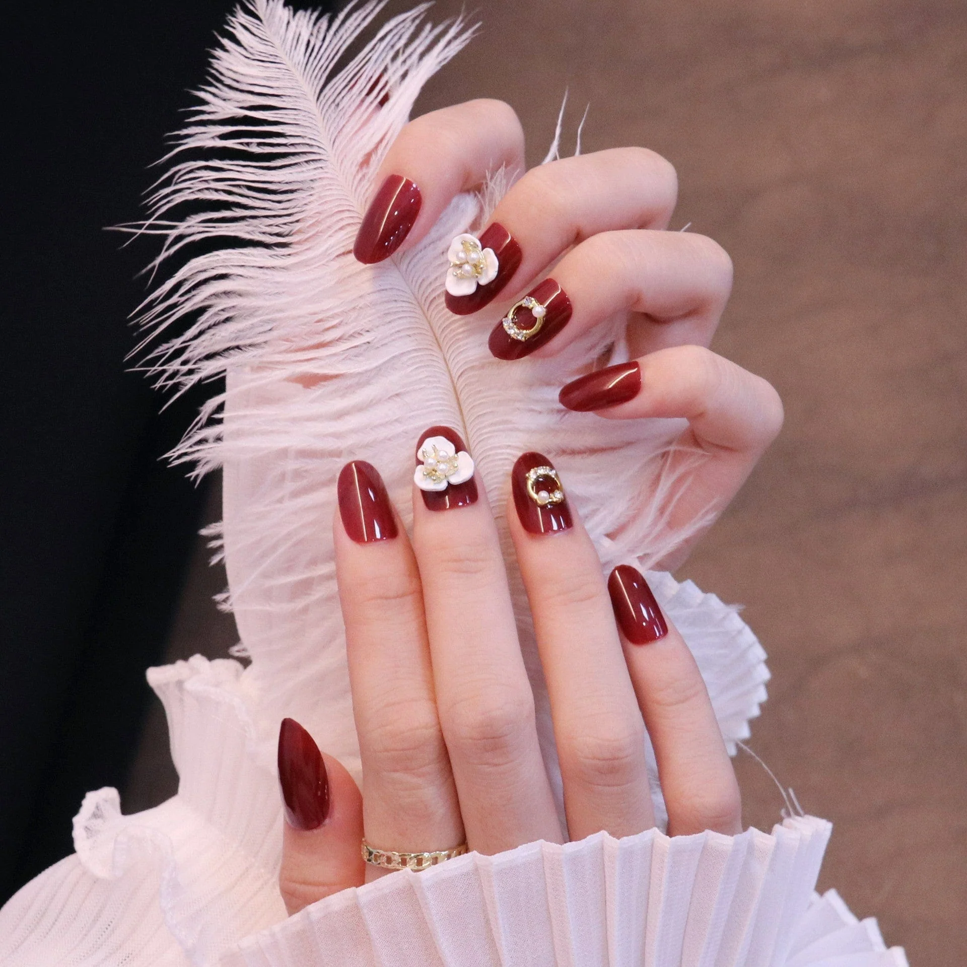 Medium Rounded Red Press On Nails with Flower and Pearl Charms - Image 5