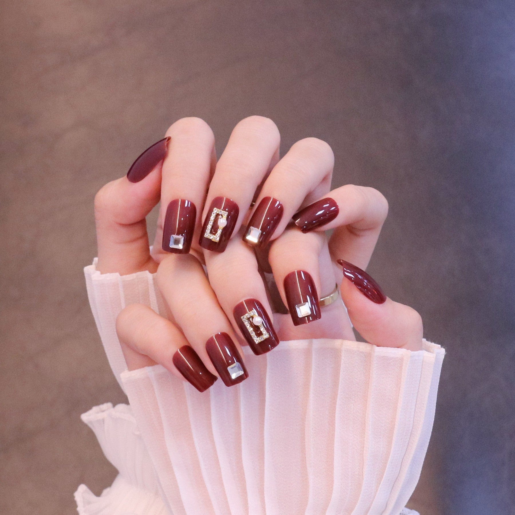 Medium Square Bold Red Press On Nails with Rectangle Charms - Image 2