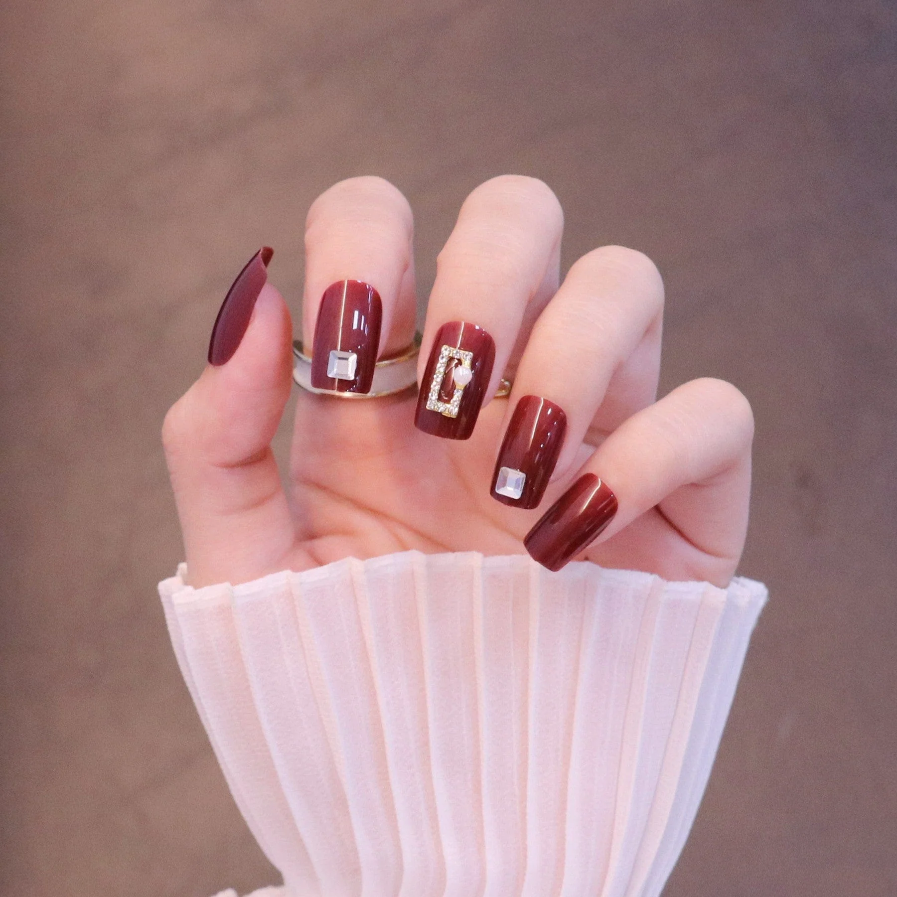 Medium Square Bold Red Press On Nails with Rectangle Charms - Image 3