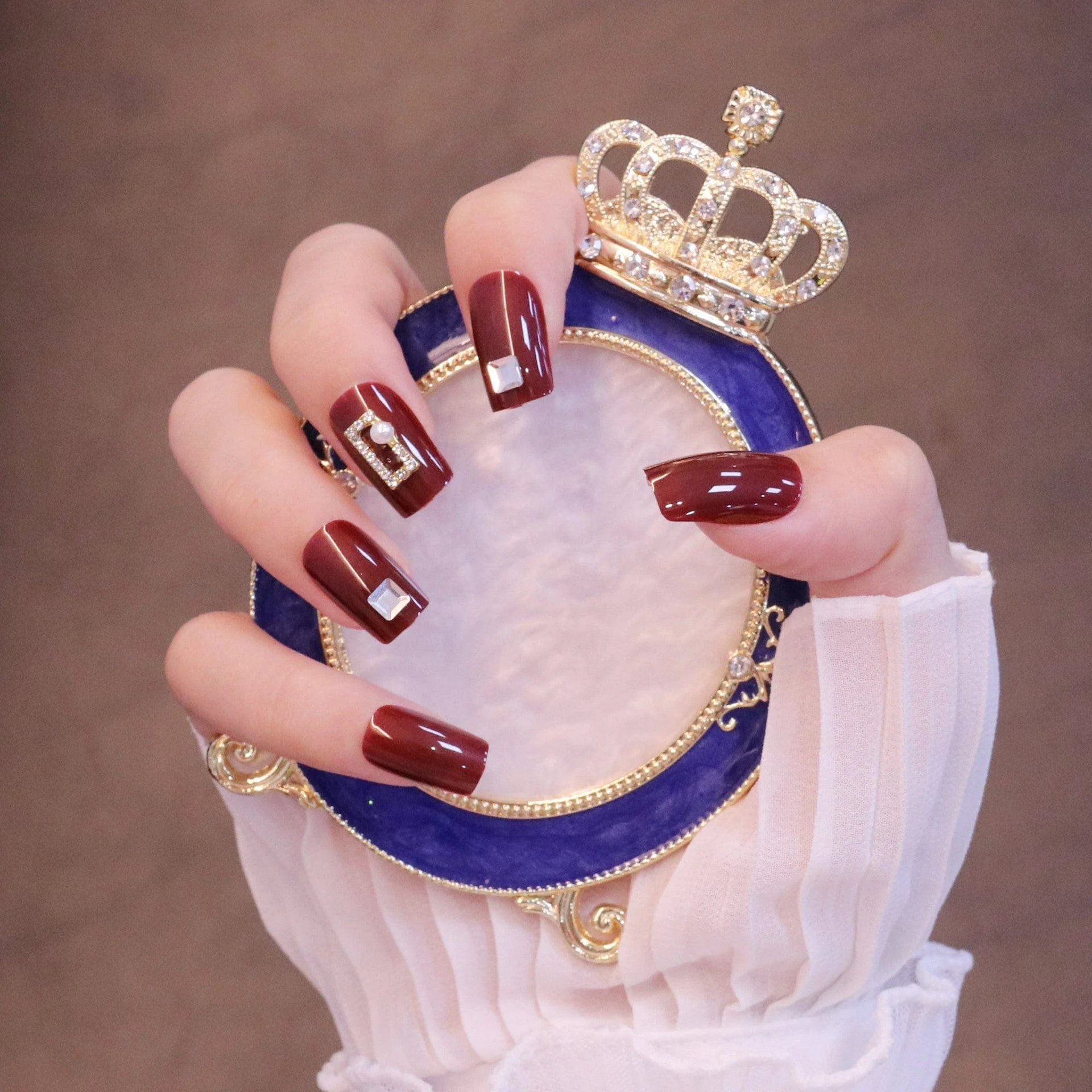 Medium Square Bold Red Press On Nails with Rectangle Charms - Image 5