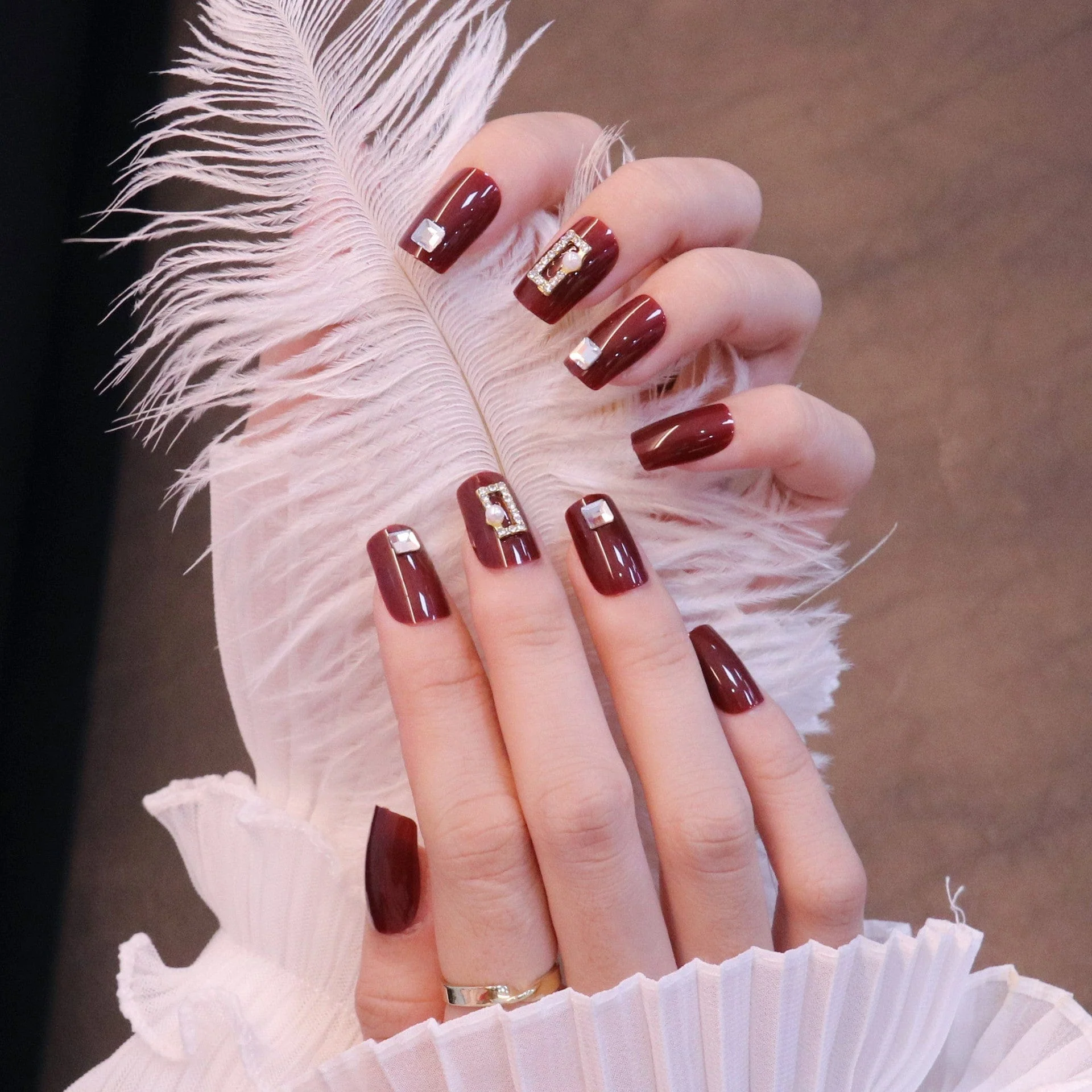 Medium Square Bold Red Press On Nails with Rectangle Charms - Image 6