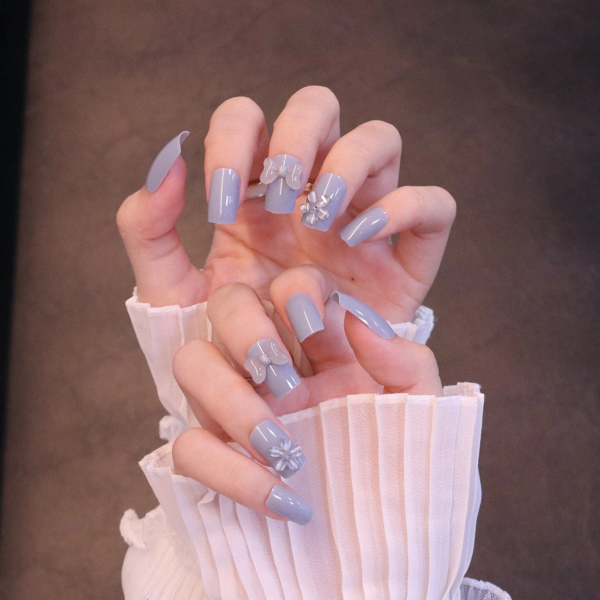 Medium Square Light Blue Press On Nails with Clear Bow and Flower - Image 2
