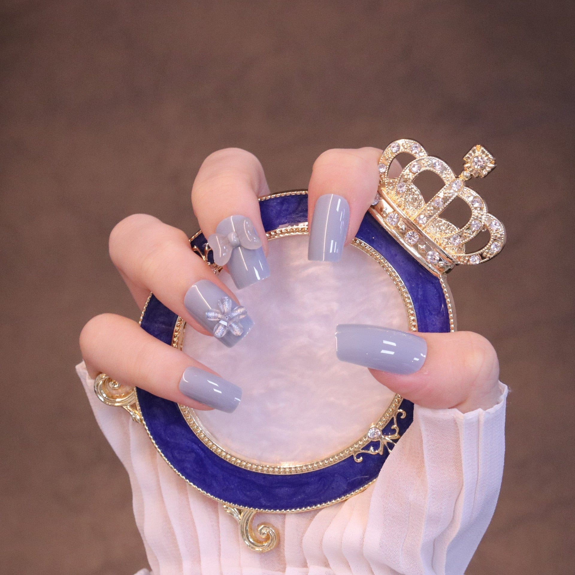 Medium Square Light Blue Press On Nails with Clear Bow and Flower - Image 4