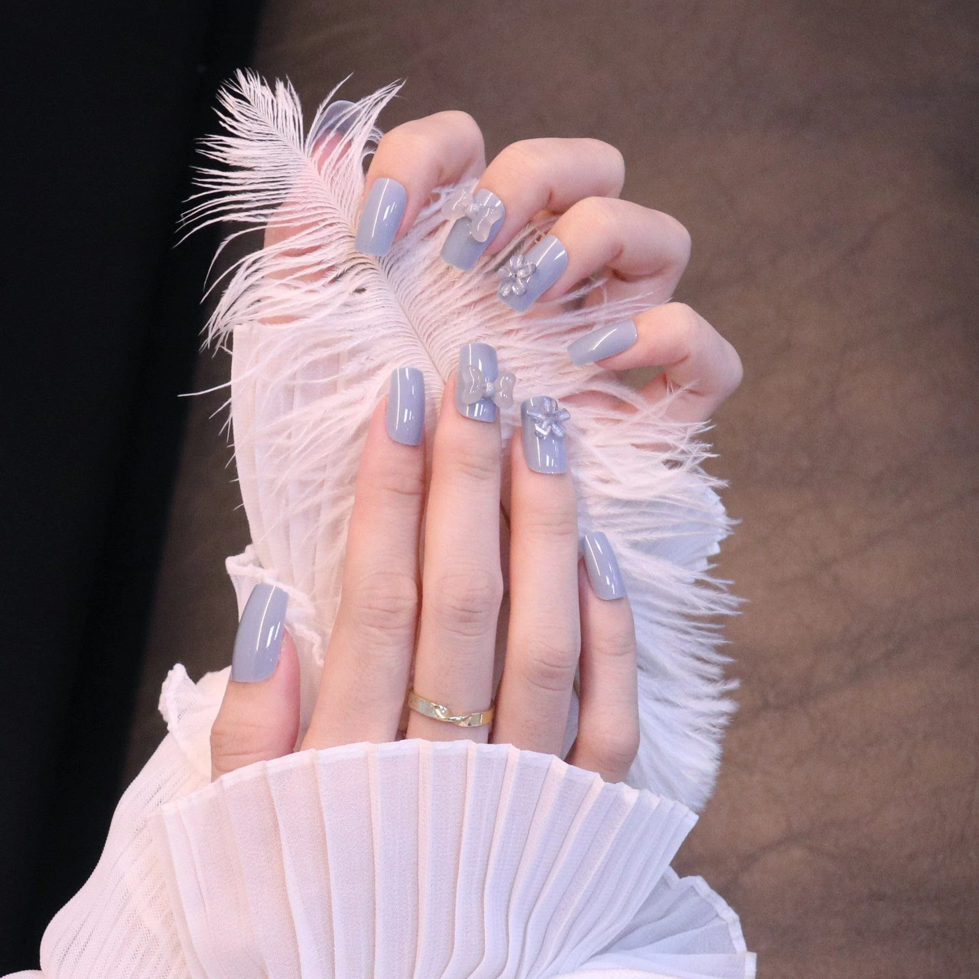 Medium Square Light Blue Press On Nails with Clear Bow and Flower - Image 5