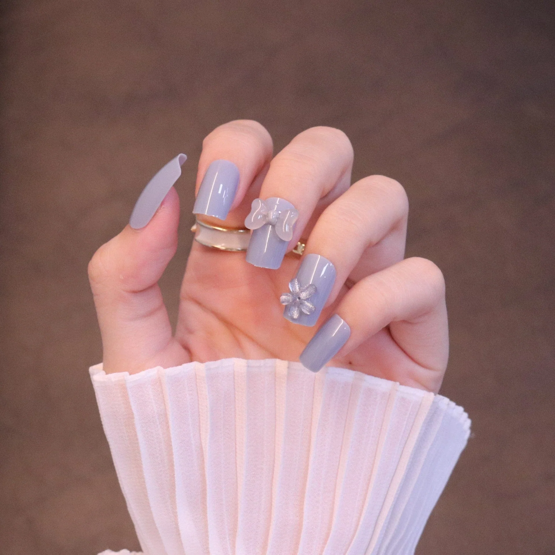 Medium Square Light Blue Press On Nails with Clear Bow and Flower - Image 6