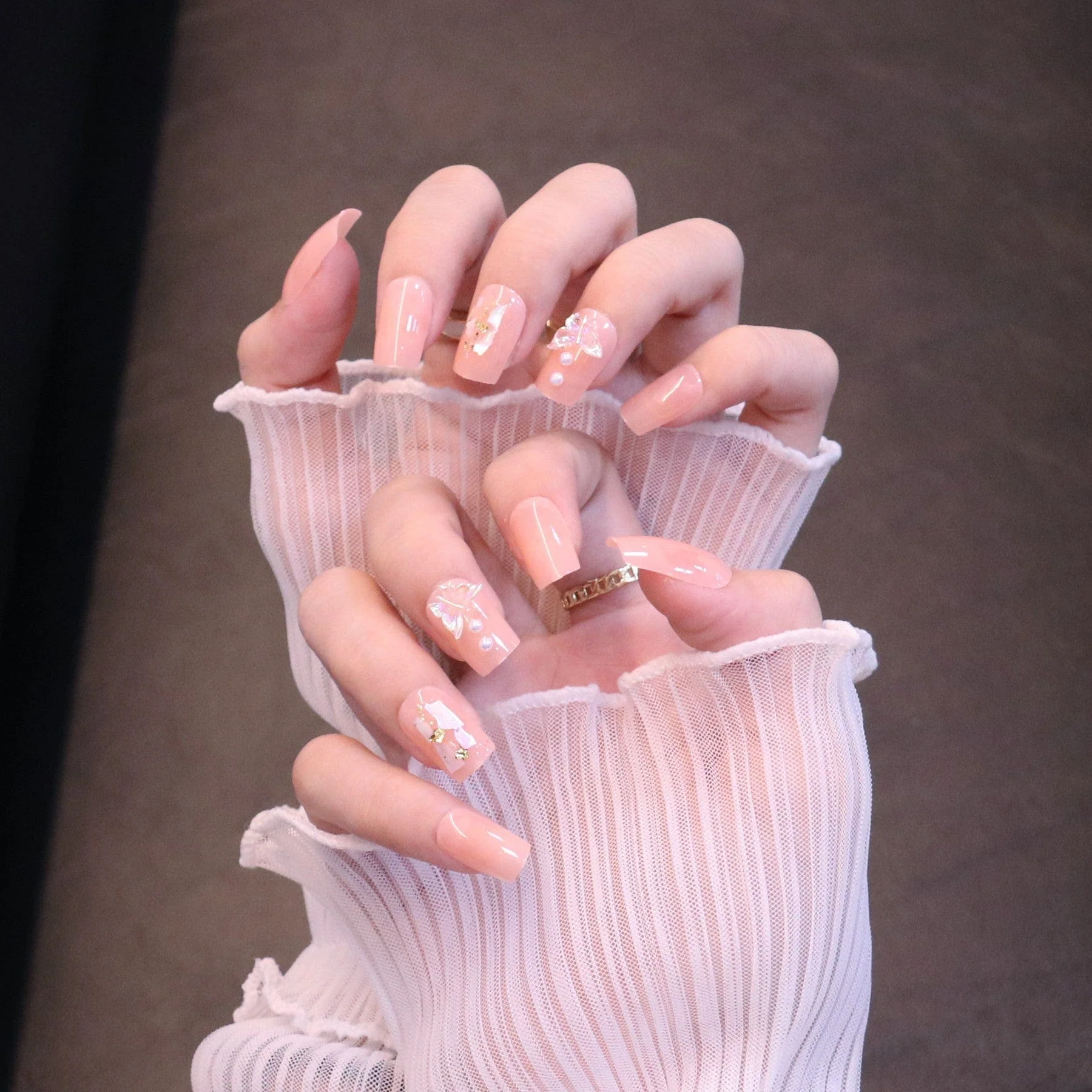 Medium Square Light Pink Press On Nails with Butterfly - Image 2
