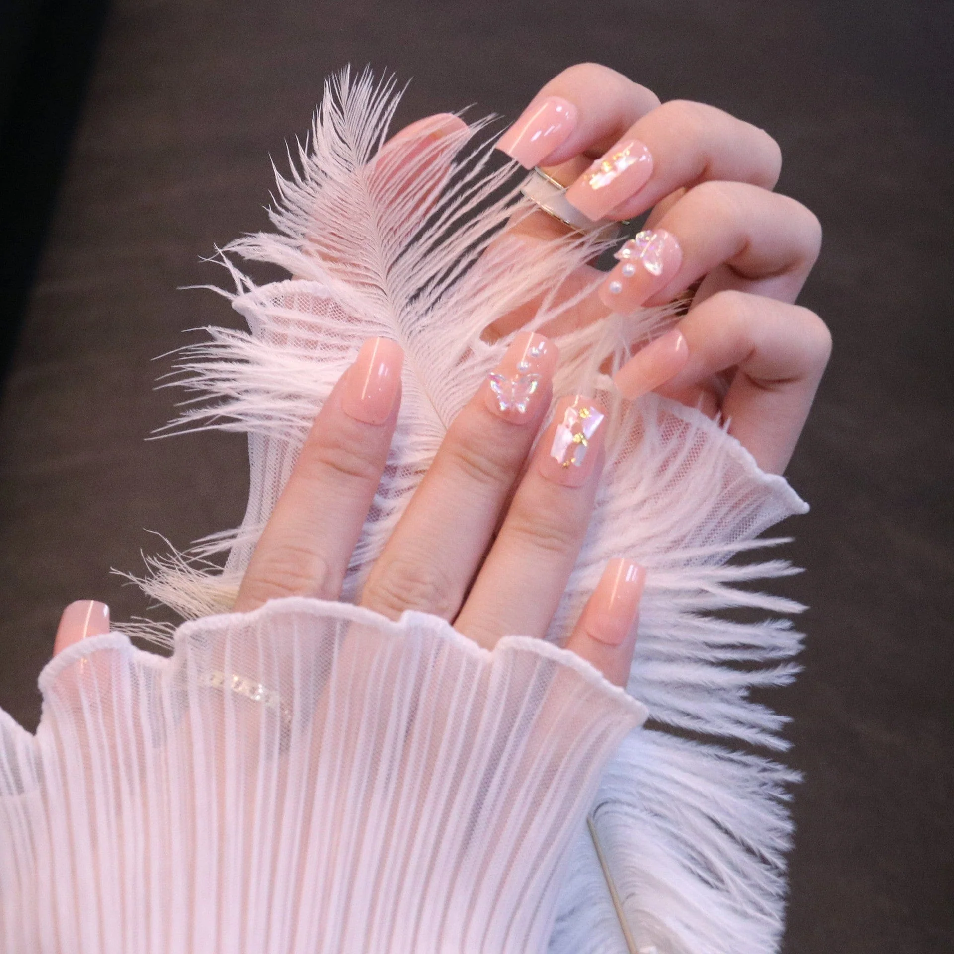 Medium Square Light Pink Press On Nails with Butterfly - Image 3