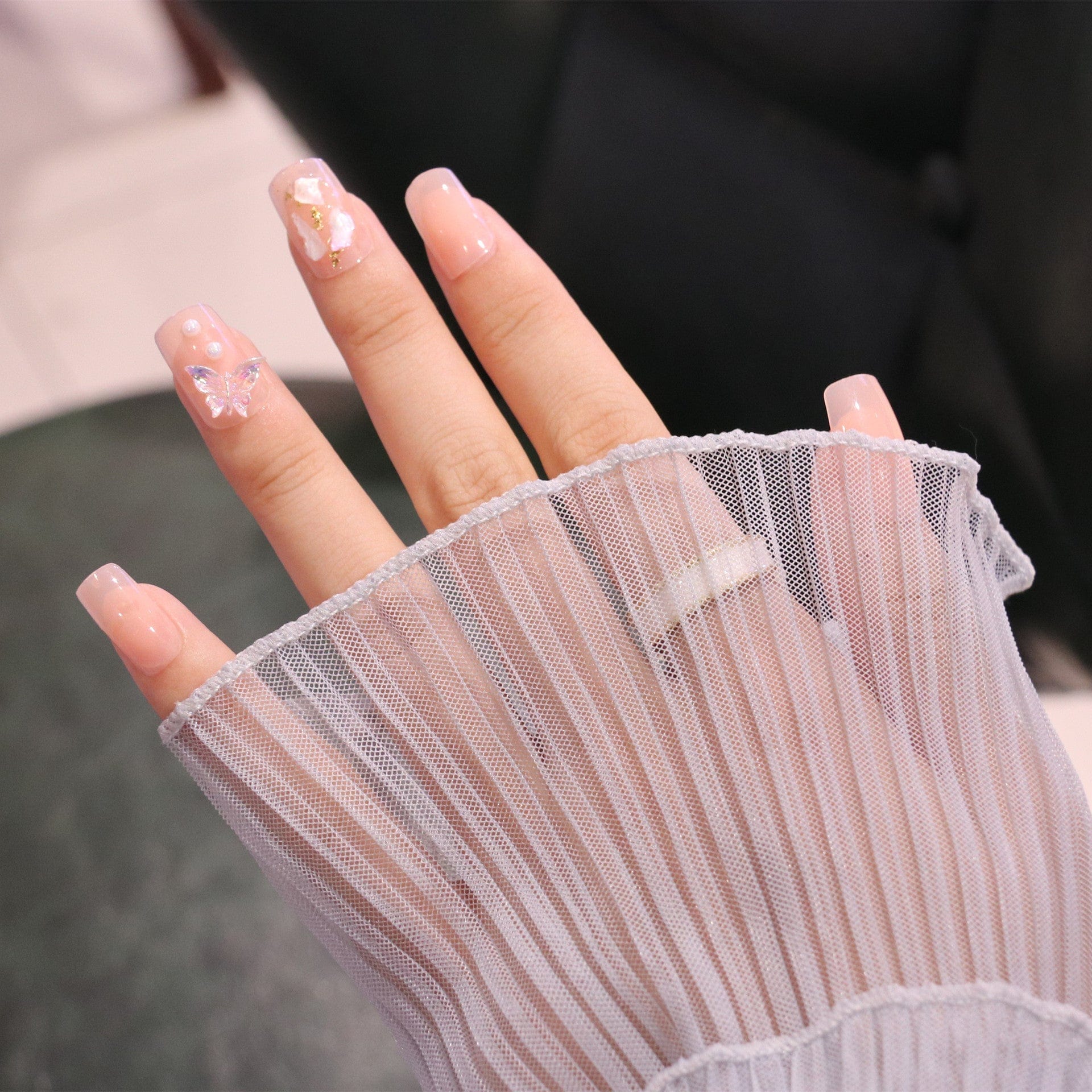 Medium Square Light Pink Press On Nails with Butterfly - Image 6