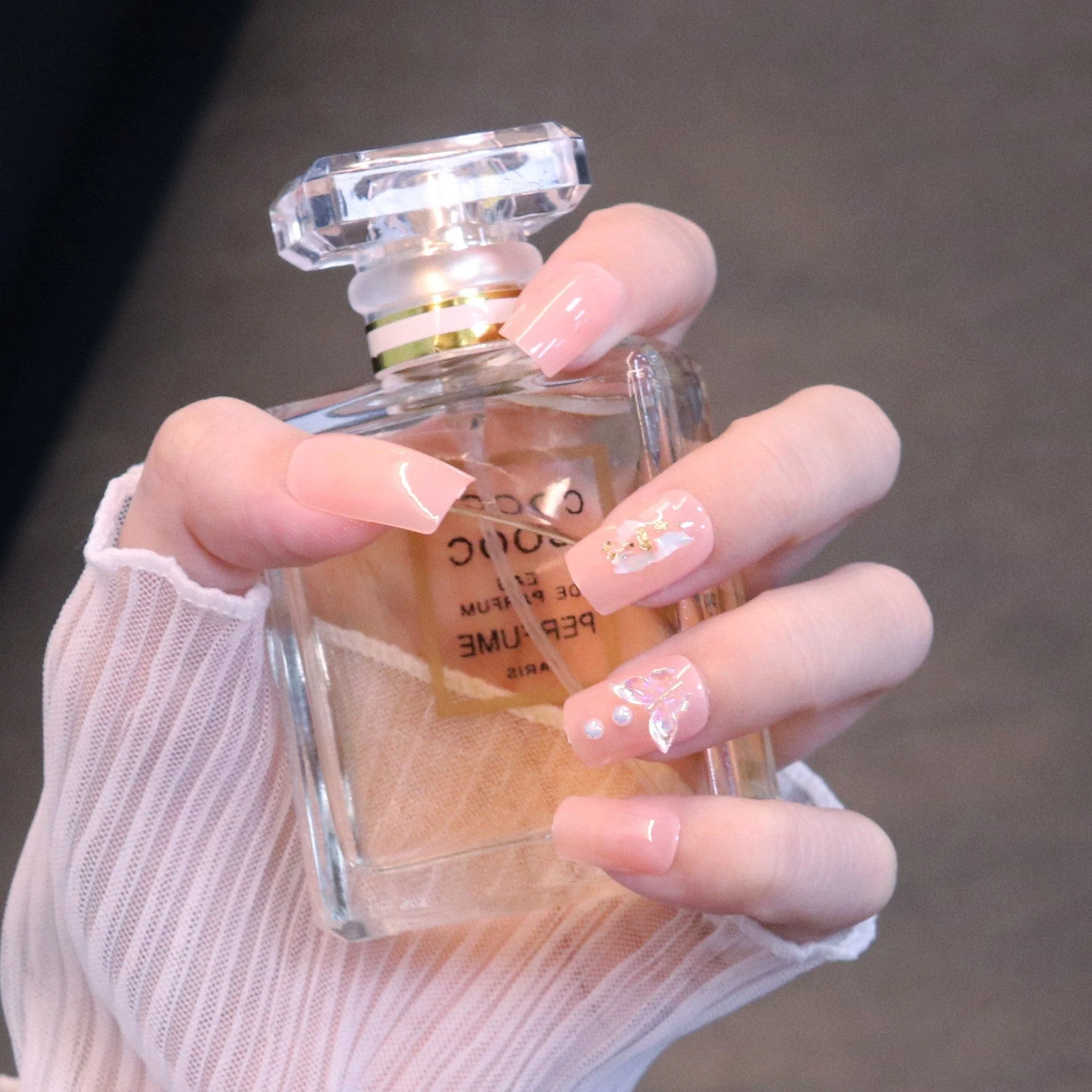 Medium Square Light Pink Press On Nails with Butterfly - Image 9