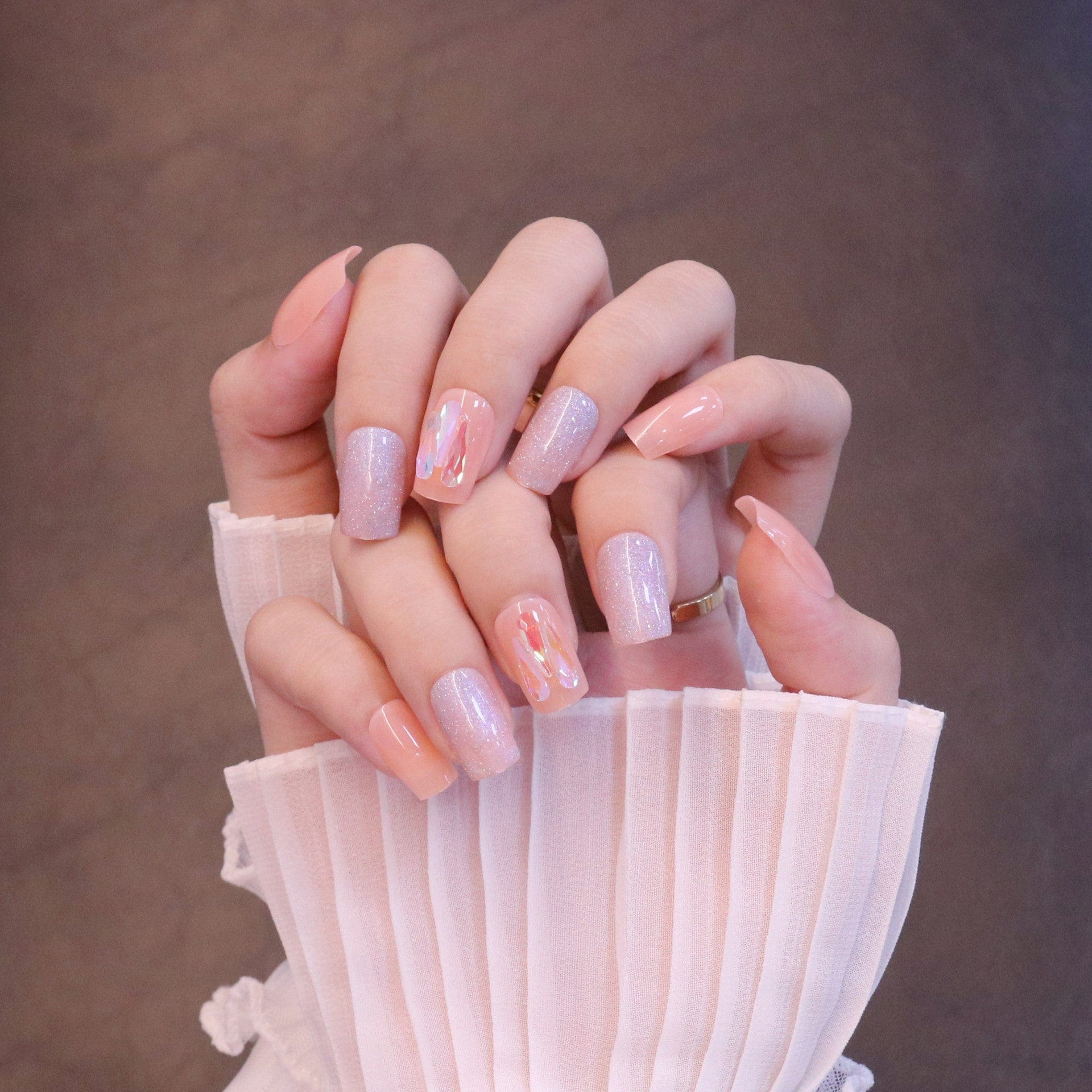 Medium Square Light Pink Press On Nails with Iridescent Flakes - Image 2