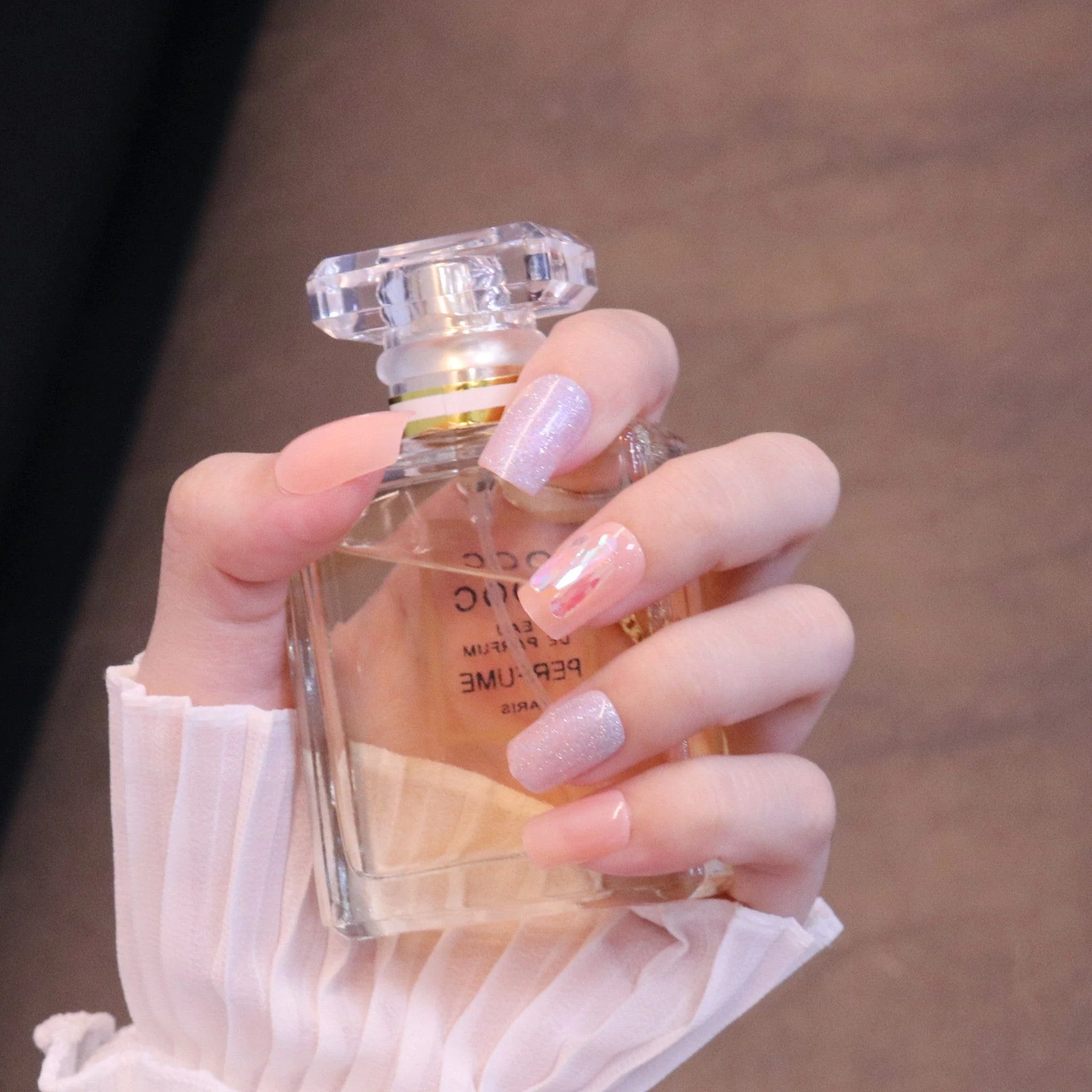 Medium Square Light Pink Press On Nails with Iridescent Flakes - Image 3