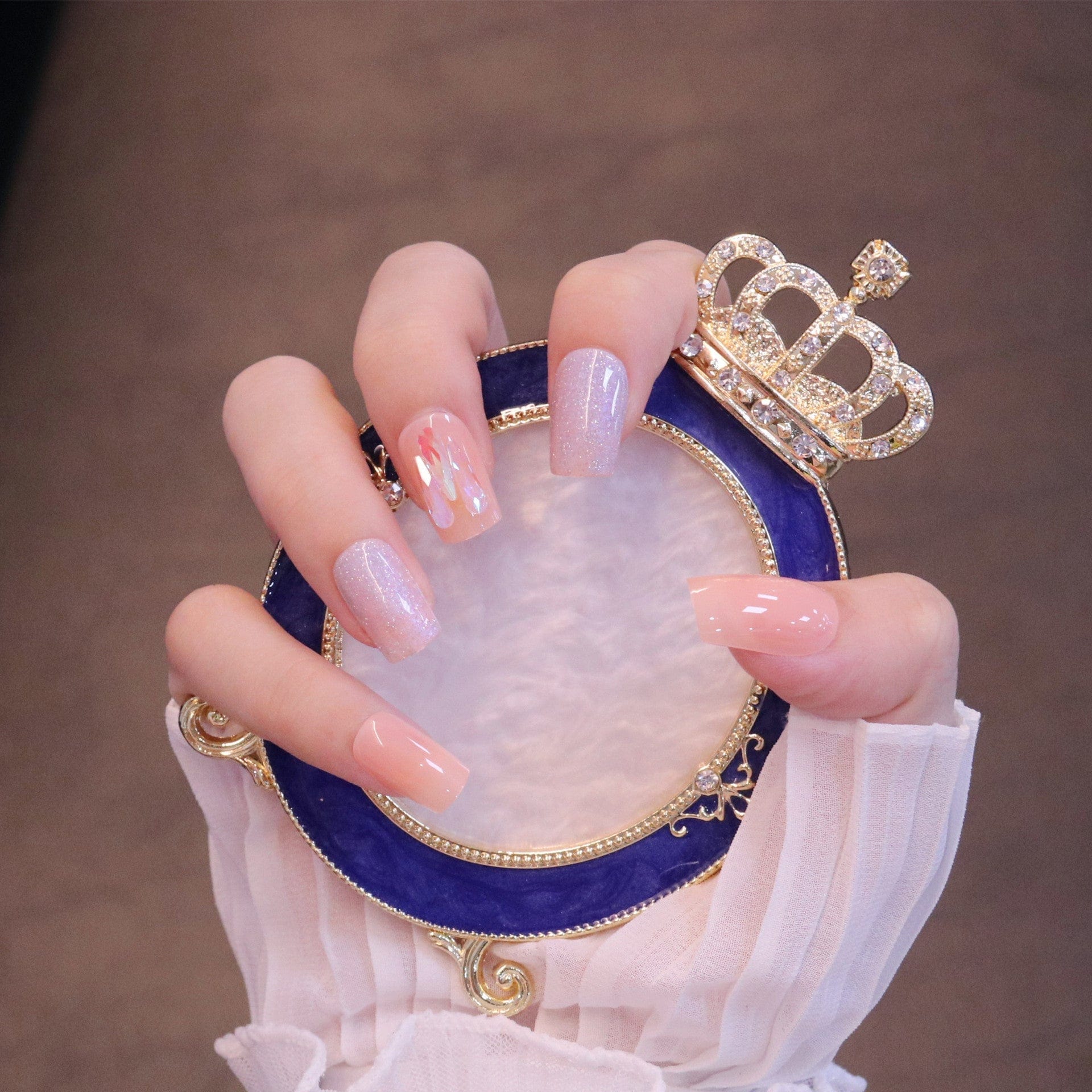 Medium Square Light Pink Press On Nails with Iridescent Flakes - Image 4
