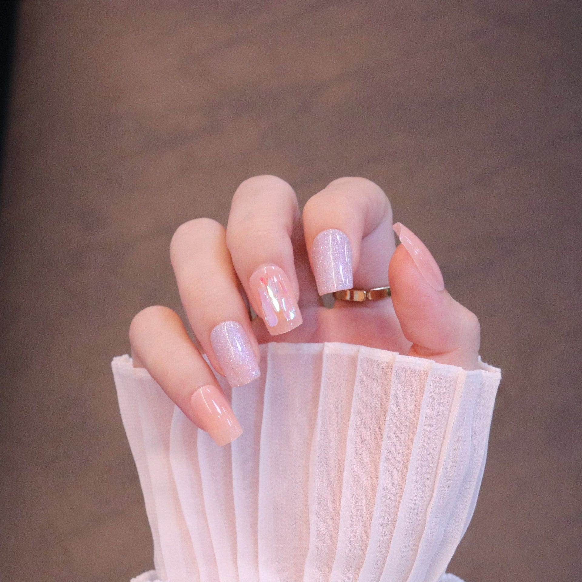 Medium Square Light Pink Press On Nails with Iridescent Flakes - Image 6