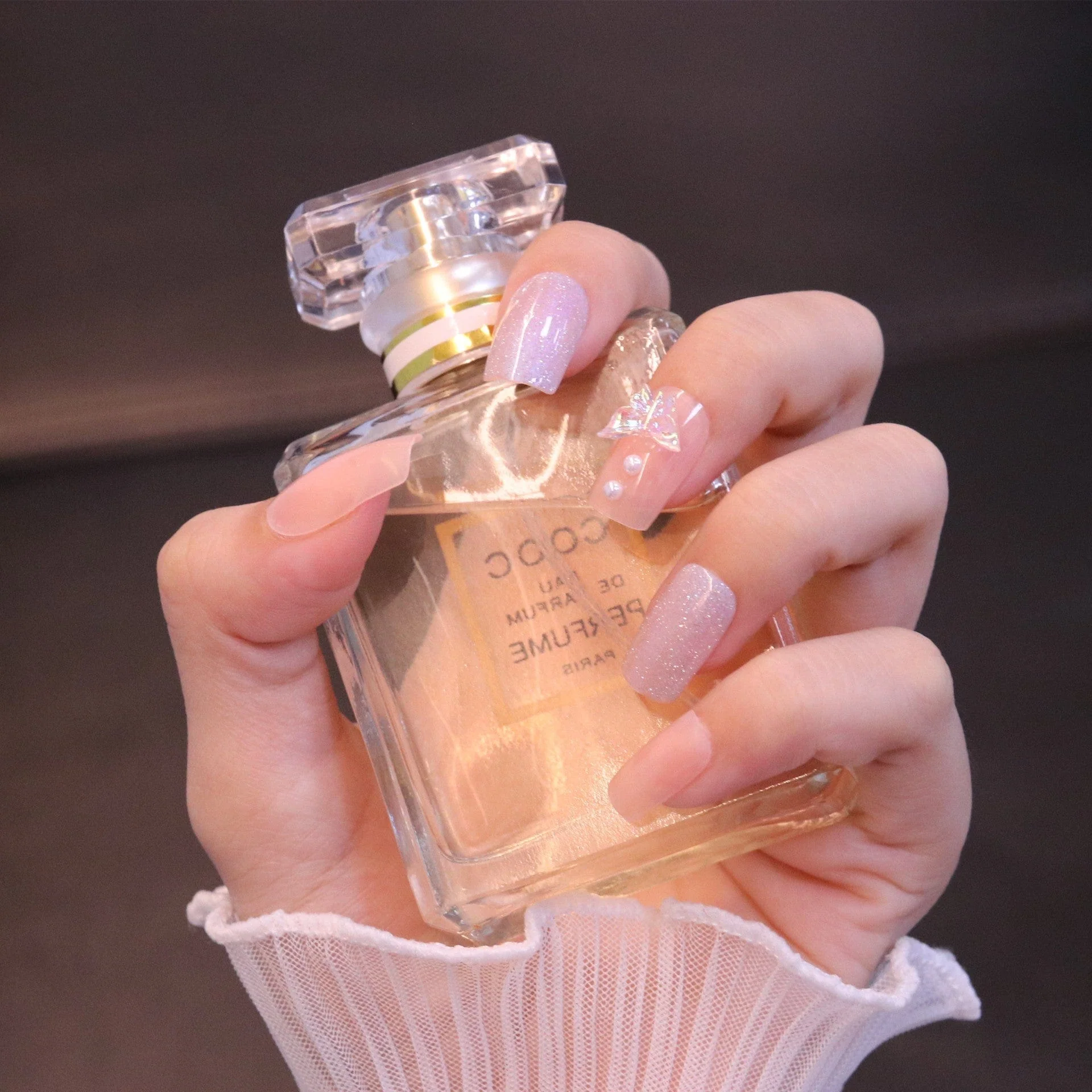 Medium Square Light Pink & Purple Press On Nails with Butterfly - Image 3