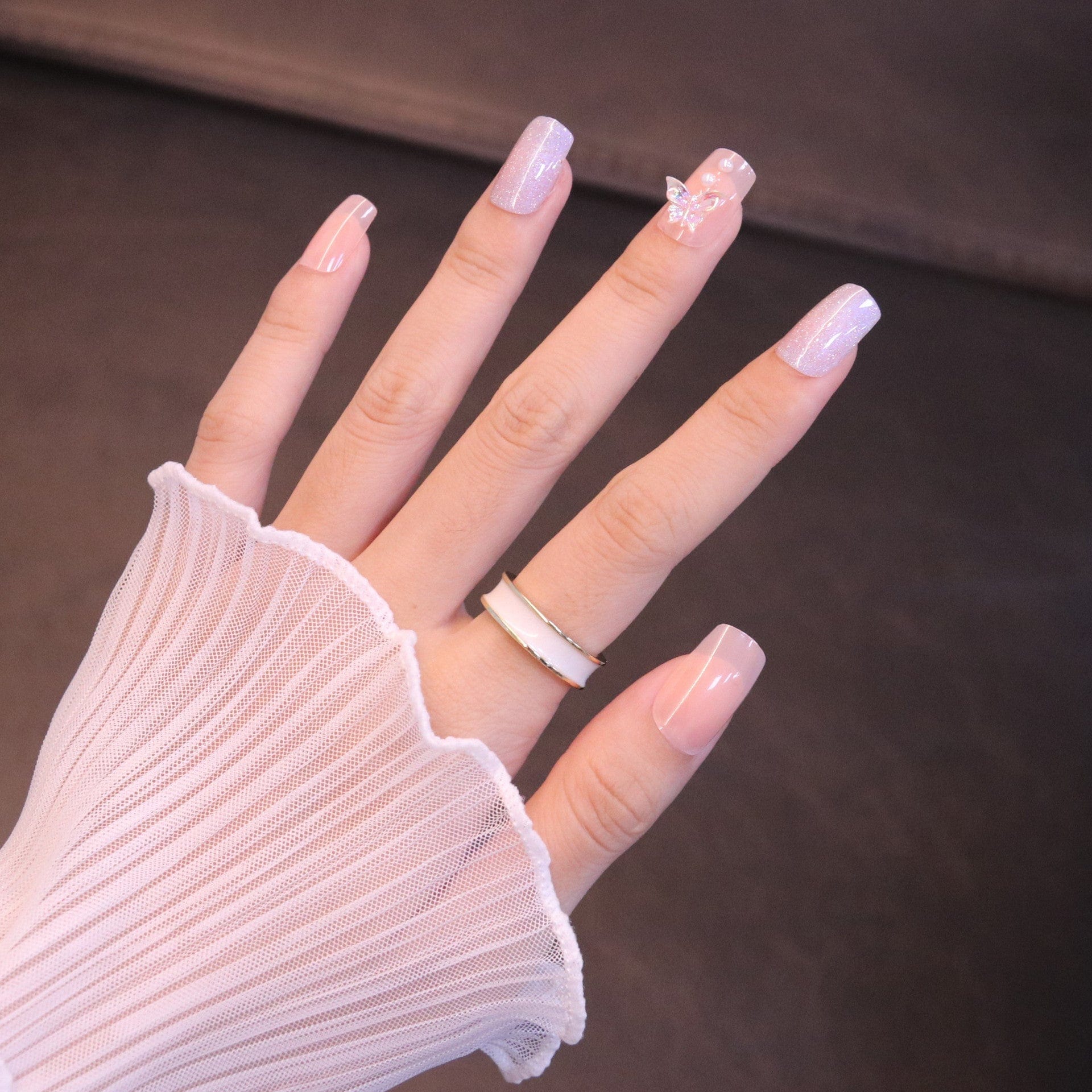 Medium Square Light Pink & Purple Press On Nails with Butterfly - Image 6