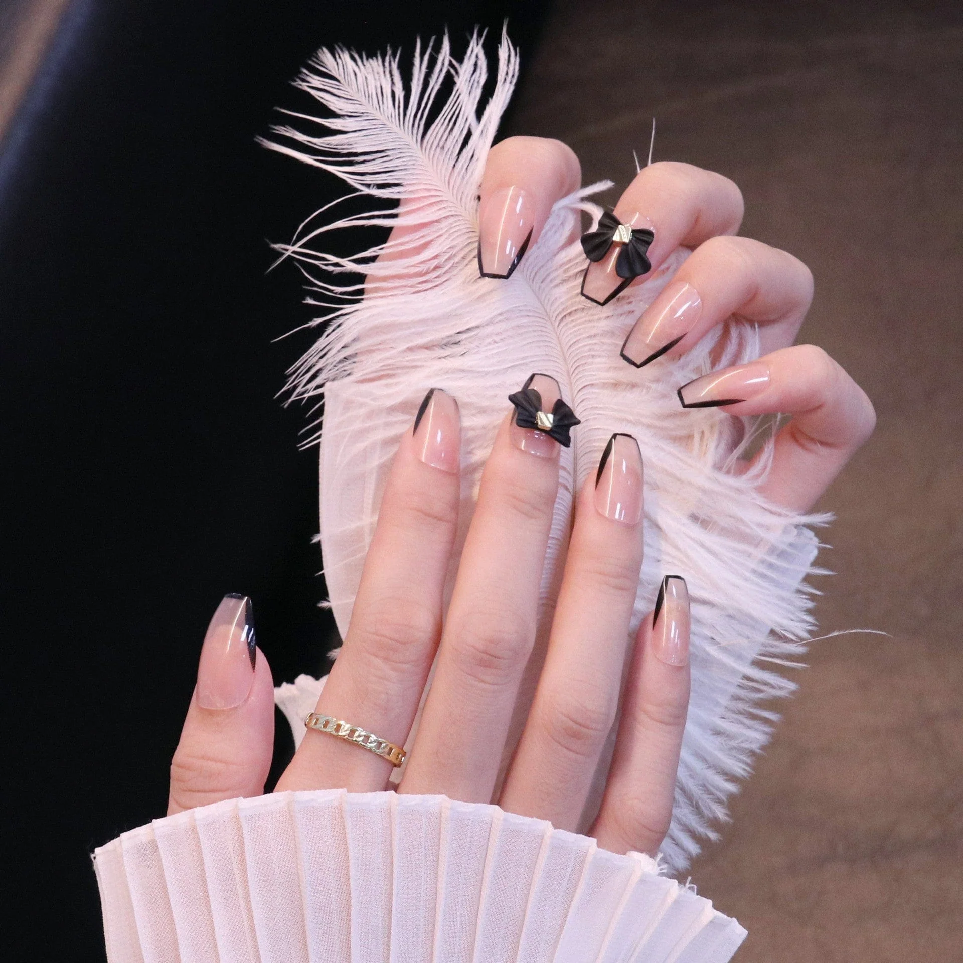 Medium Square Nude Press On Nails with Black Bow and French Tip - Image 5