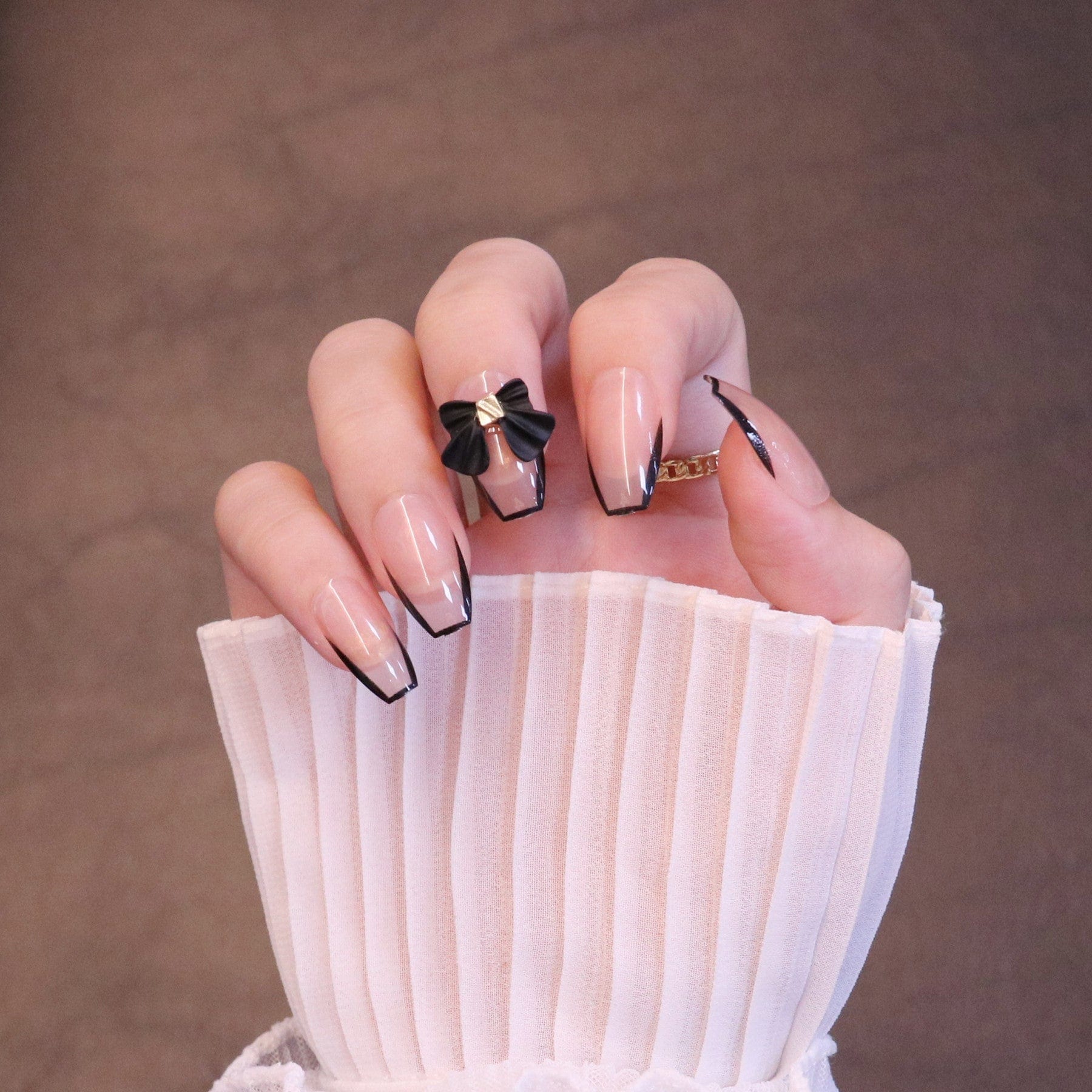 Medium Square Nude Press On Nails with Black Bow and French Tip - Image 6