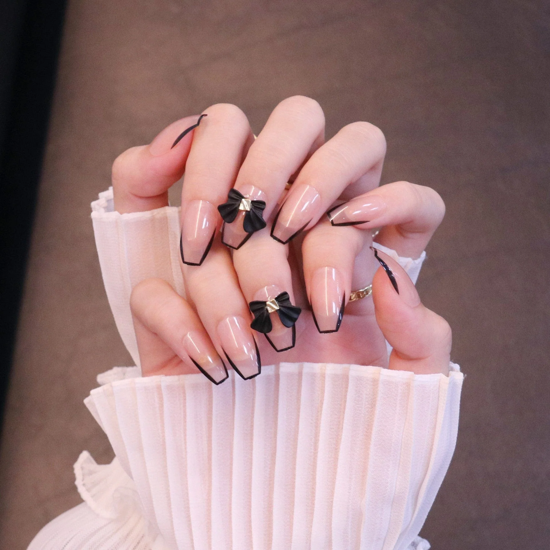 Medium Square Nude Press On Nails with Black Bow and French Tip - Image 7