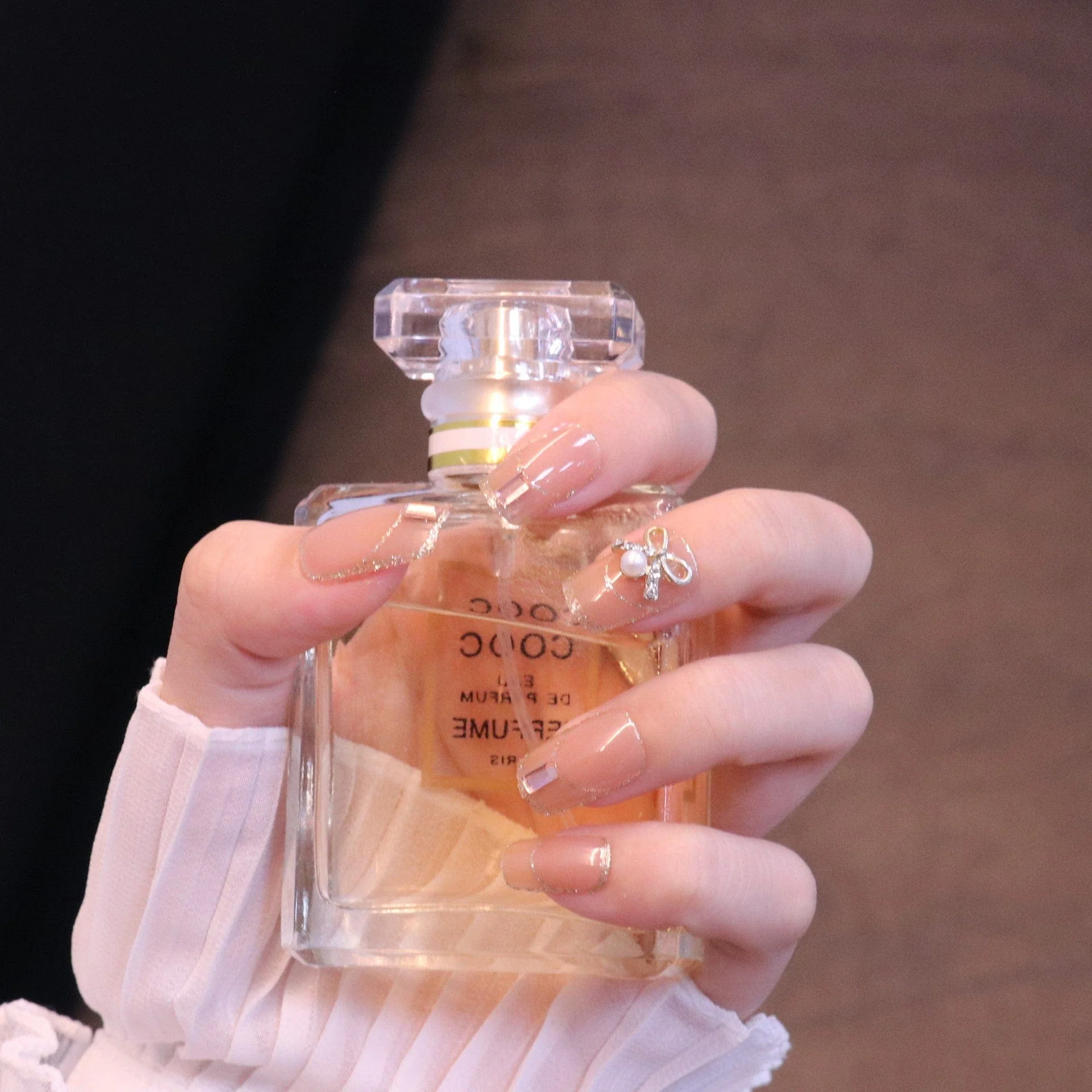 Medium Square Nude Press On Nails with Bow Charm and Pearl - Image 4