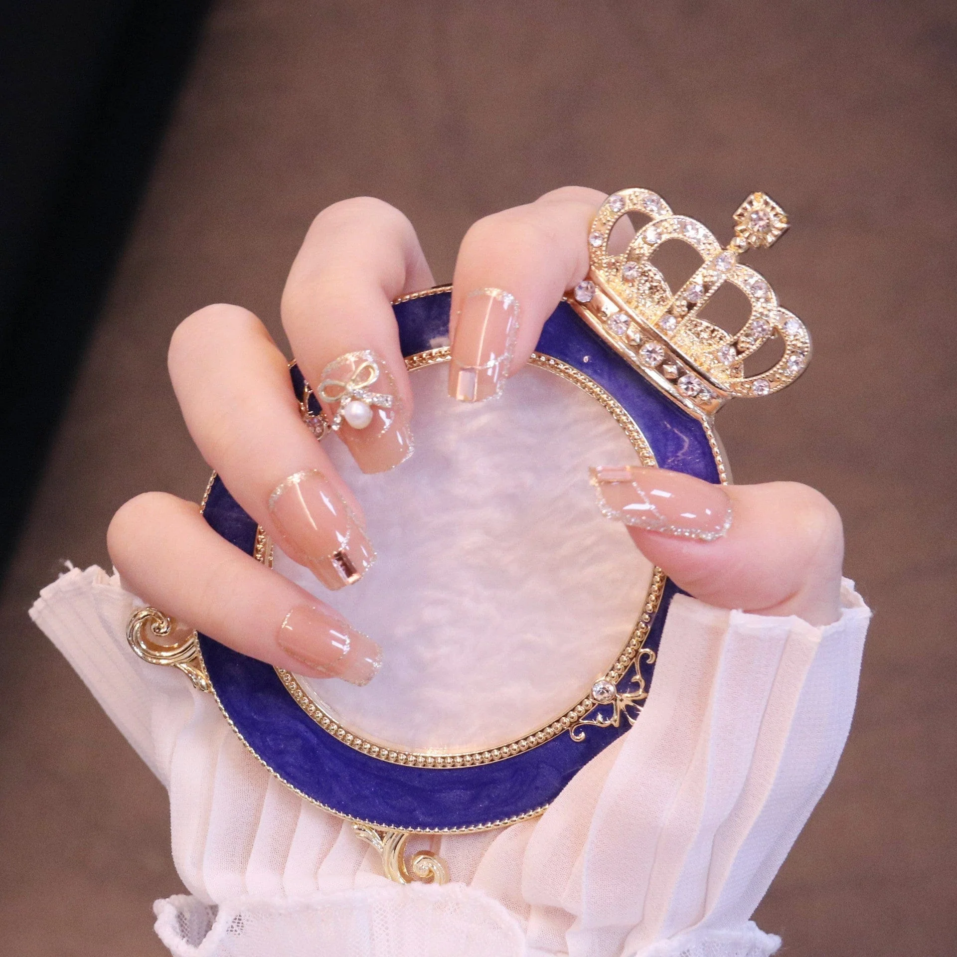 Medium Square Nude Press On Nails with Bow Charm and Pearl - Image 5