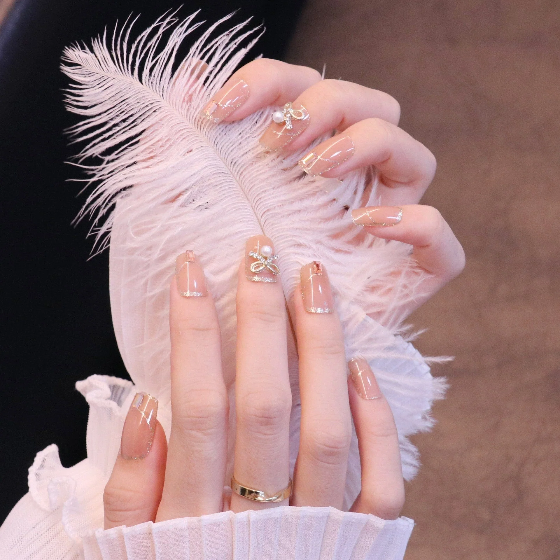 Medium Square Nude Press On Nails with Bow Charm and Pearl - Image 6