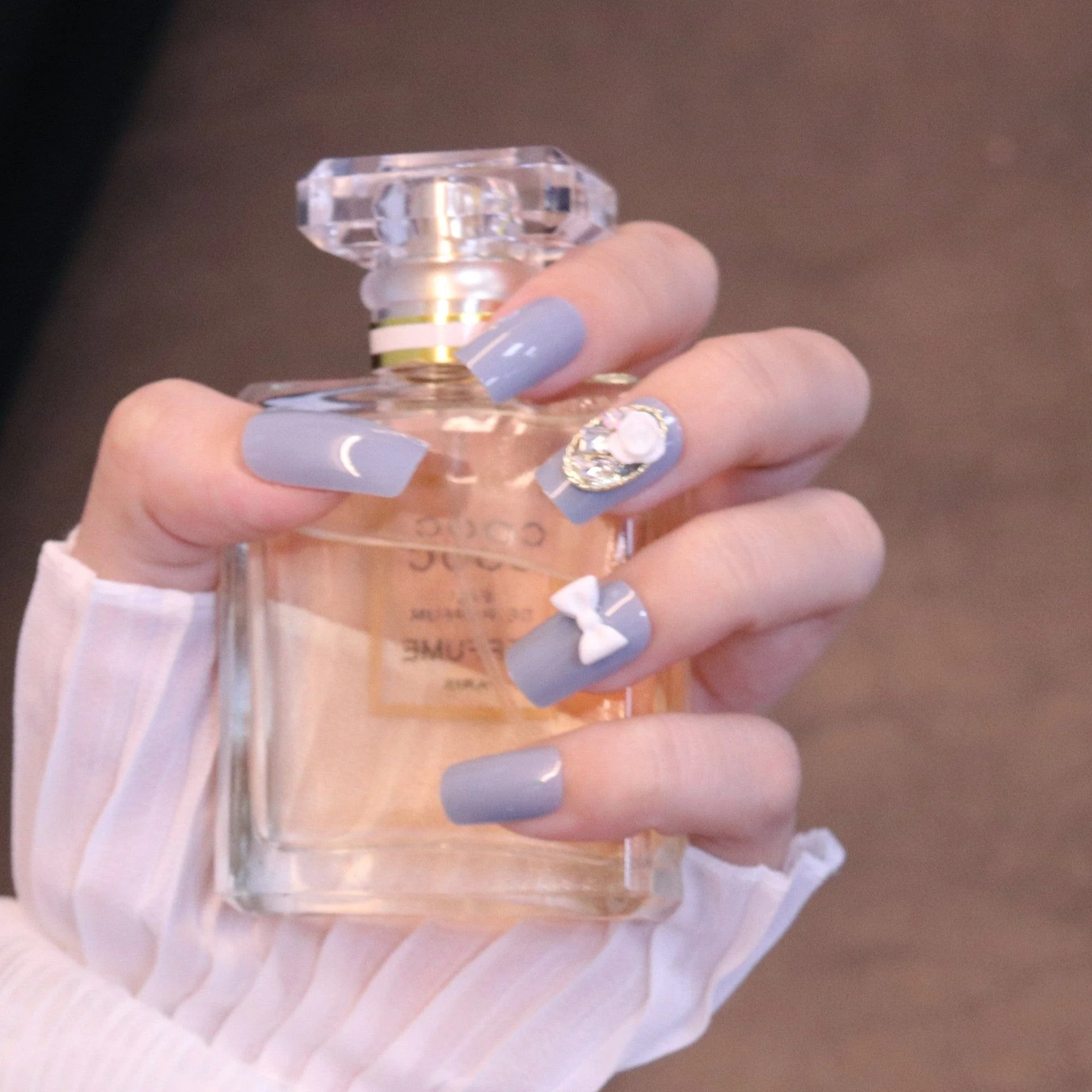 Medium Squared Light Blue Press On Nails with Rose and Bow Charms - Image 2