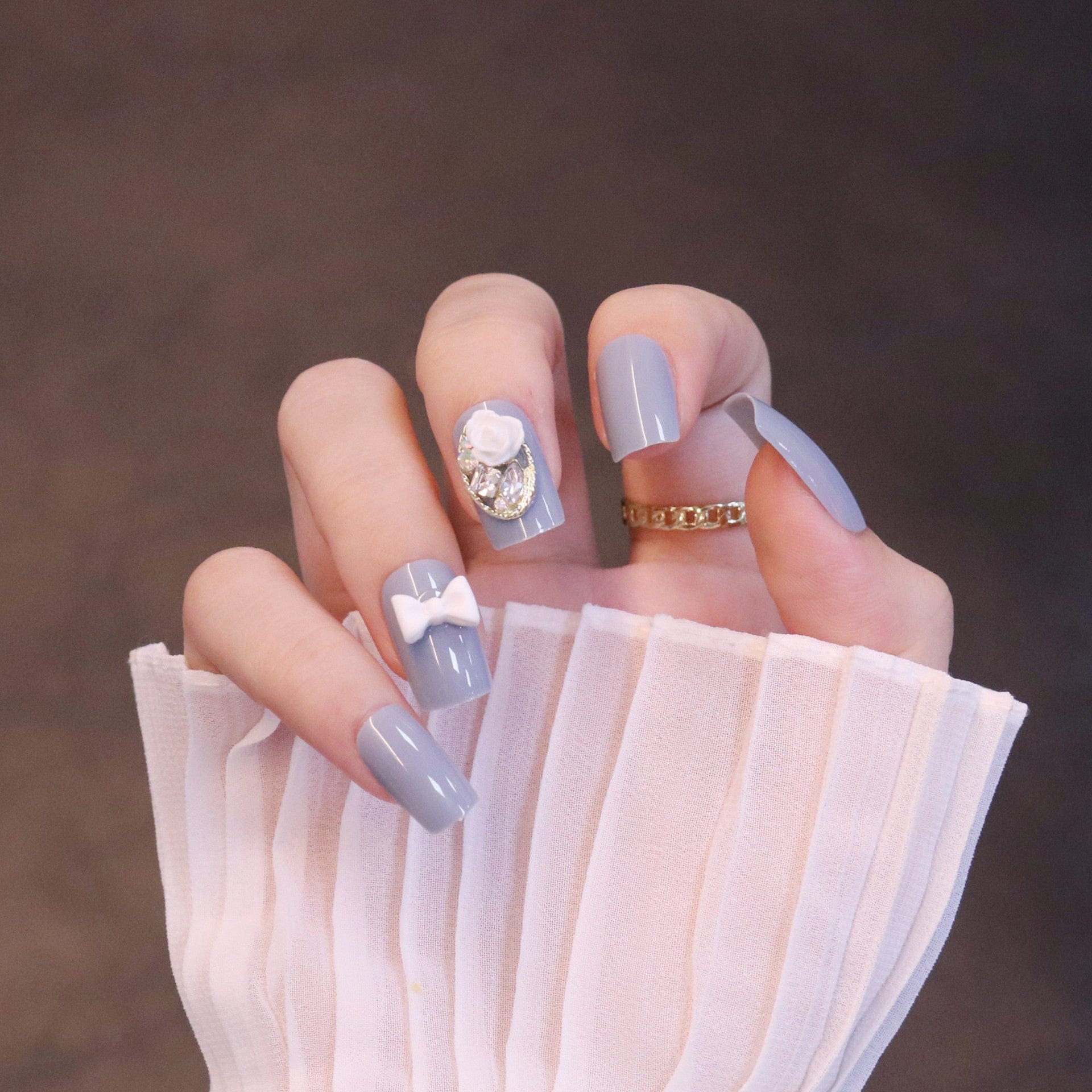 Medium Squared Light Blue Press On Nails with Rose and Bow Charms - Image 3