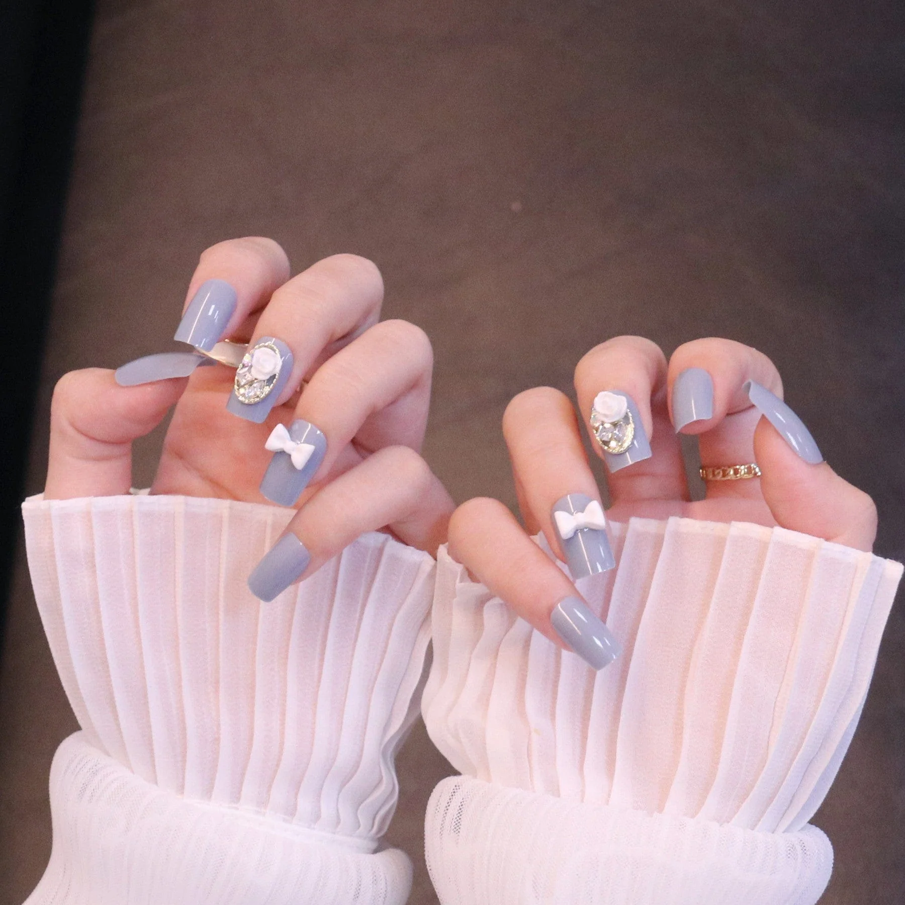 Medium Squared Light Blue Press On Nails with Rose and Bow Charms - Image 4