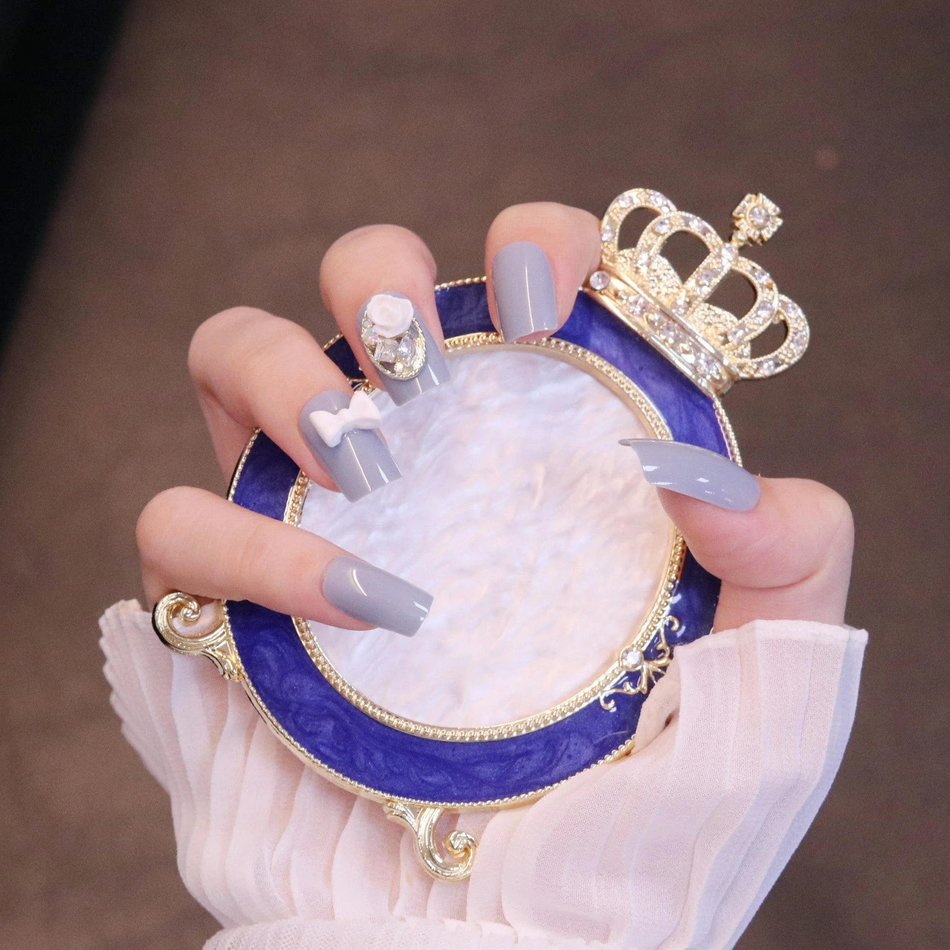Medium Squared Light Blue Press On Nails with Rose and Bow Charms - Image 5