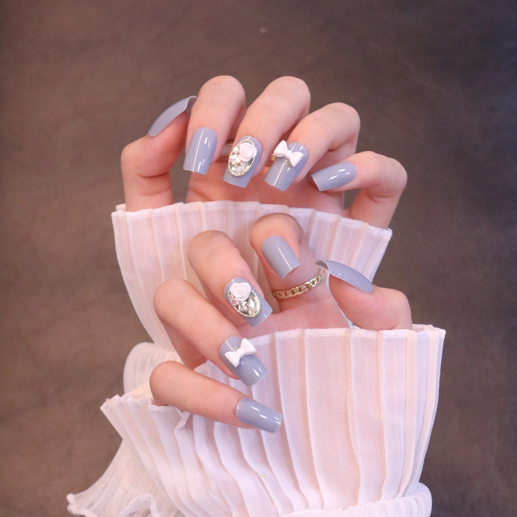 Medium Squared Light Blue Press On Nails with Rose and Bow Charms - Image 6