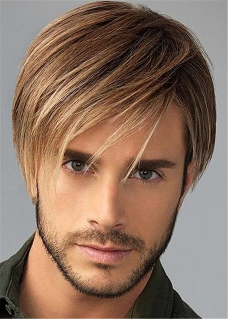 Men's Short Straight Hair Golden Brown Side Bangs Wig - Image 2
