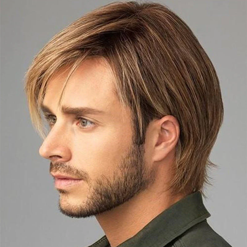 Men's Short Straight Hair Golden Brown Side Bangs Wig - Image 3