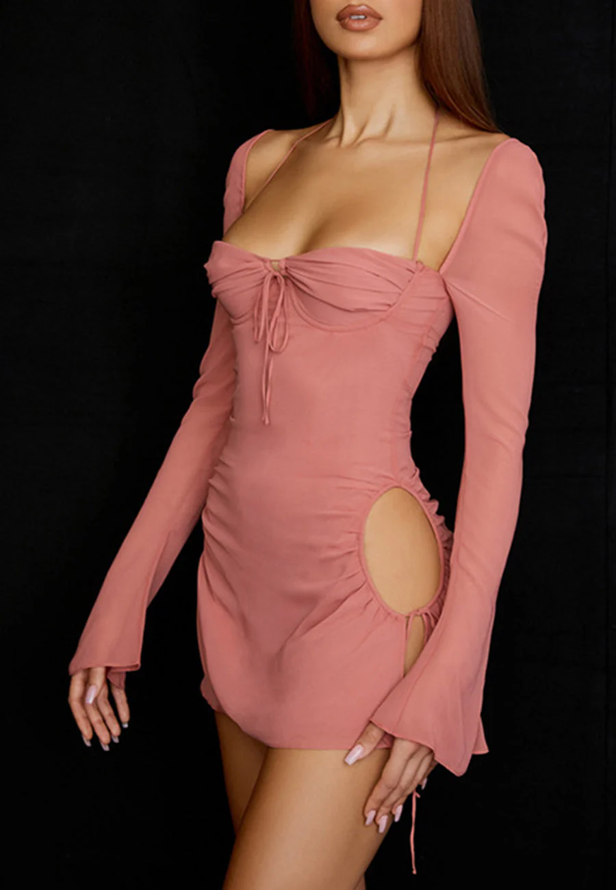 Mesh Square Neck Halter Flared Mini Dress - Image 13