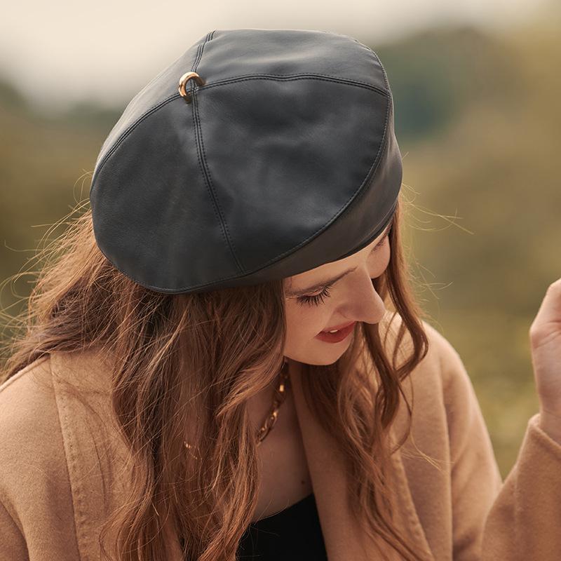 Metallic Detail Leather Beret - Image 2