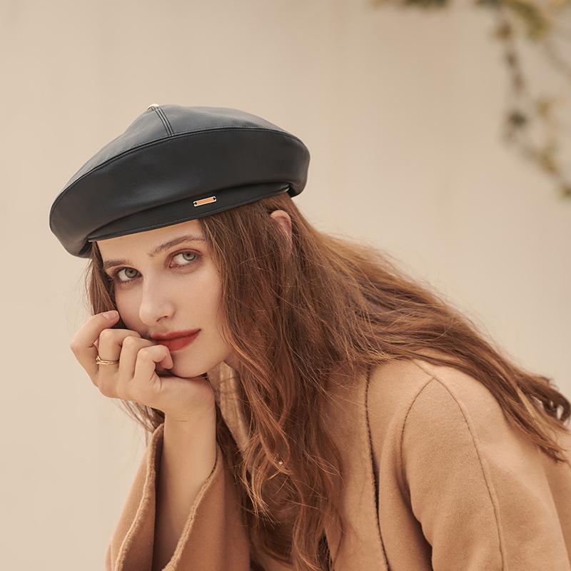 Metallic Detail Leather Beret - Image 3
