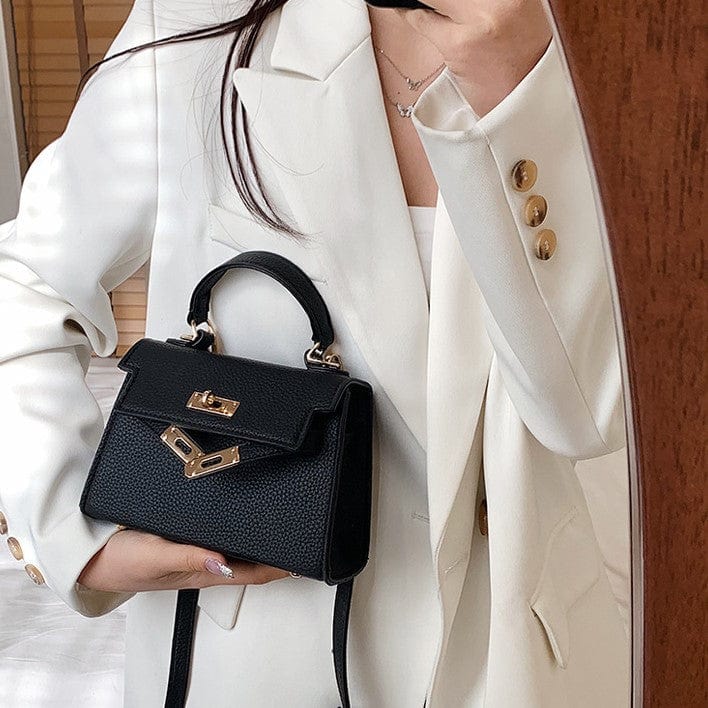 Mini Faux Leather Small Handle Bag with Gold Clasp - Image 9