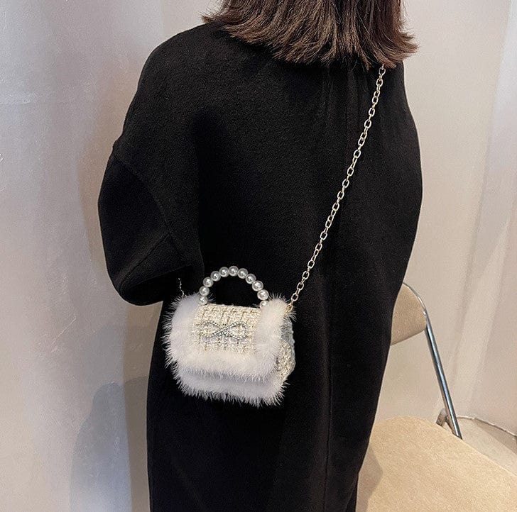 Mini Tweed Crossbody Bag with Fluffy Fur and Pearl Handle - Image 10