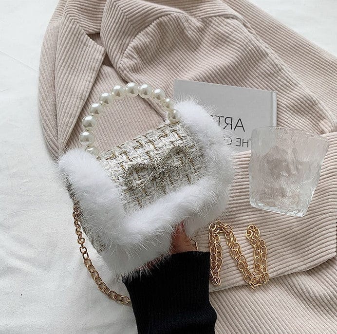 Mini Tweed Crossbody Bag with Fluffy Fur and Pearl Handle - Image 11