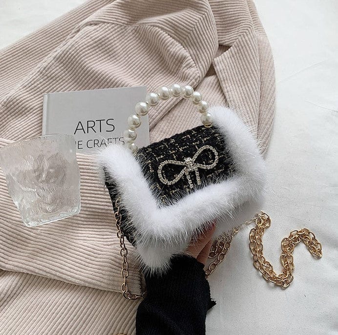 Mini Tweed Crossbody Bag with Fluffy Fur and Pearl Handle - Image 3