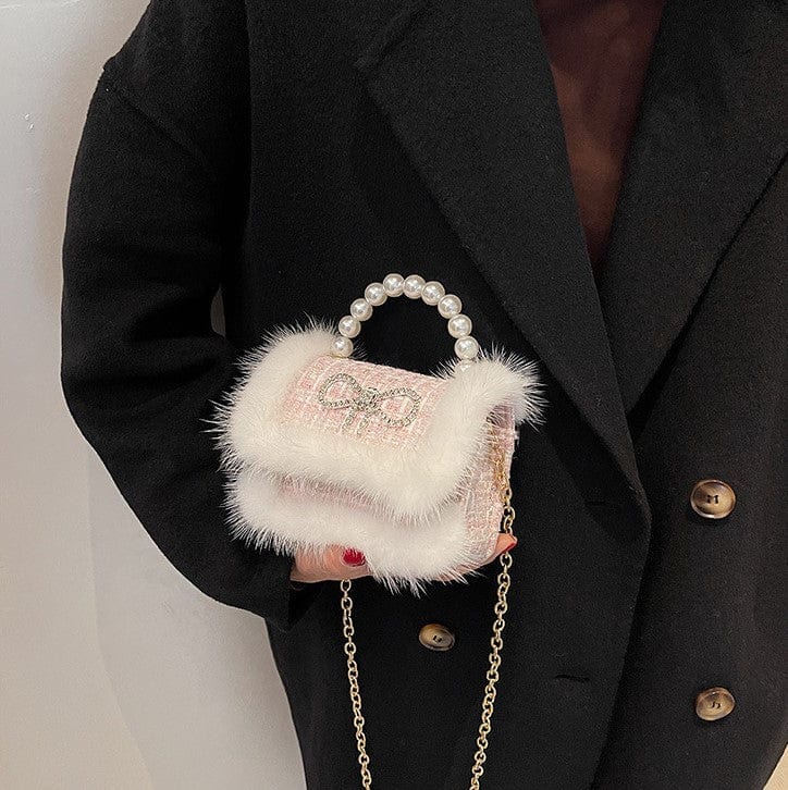 Mini Tweed Crossbody Bag with Fluffy Fur and Pearl Handle - Image 4