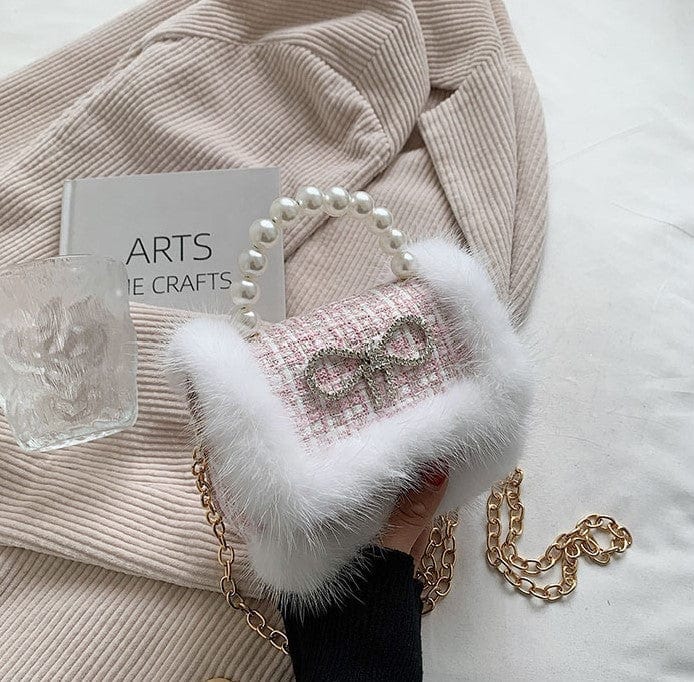 Mini Tweed Crossbody Bag with Fluffy Fur and Pearl Handle - Image 5