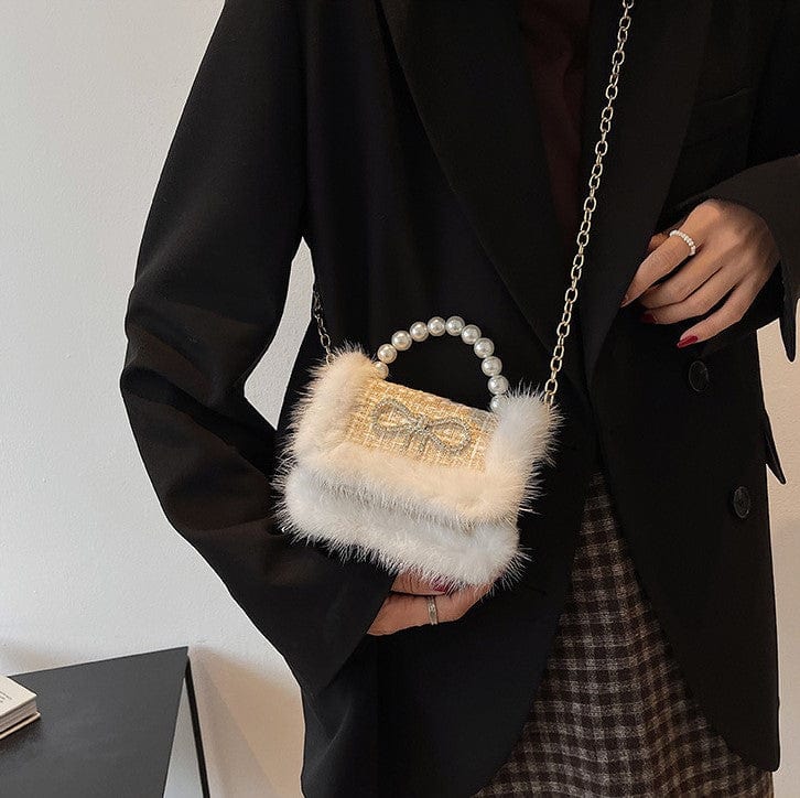 Mini Tweed Crossbody Bag with Fluffy Fur and Pearl Handle - Image 6
