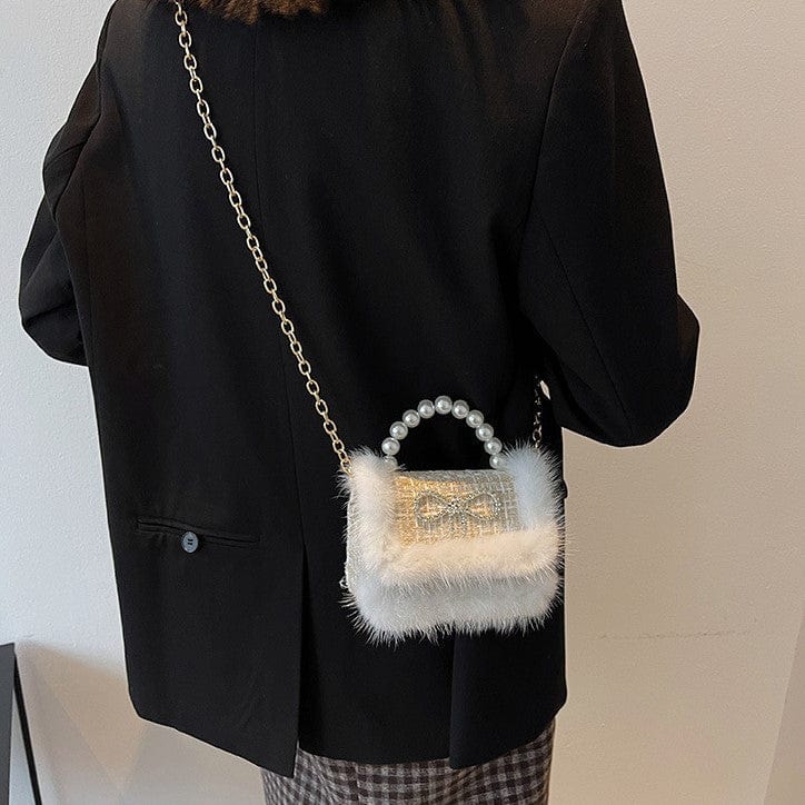 Mini Tweed Crossbody Bag with Fluffy Fur and Pearl Handle - Image 7