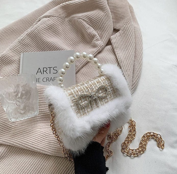 Mini Tweed Crossbody Bag with Fluffy Fur and Pearl Handle - Image 8