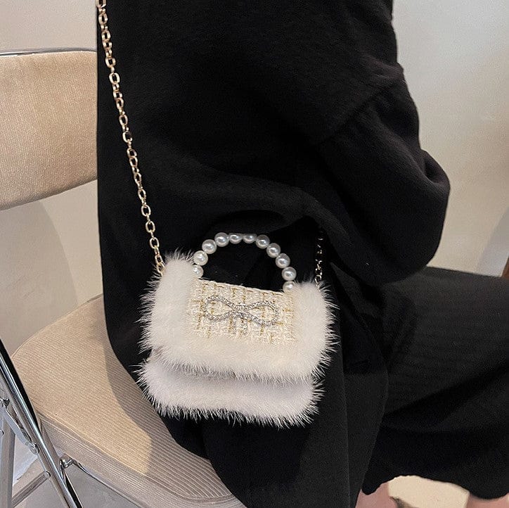 Mini Tweed Crossbody Bag with Fluffy Fur and Pearl Handle - Image 9