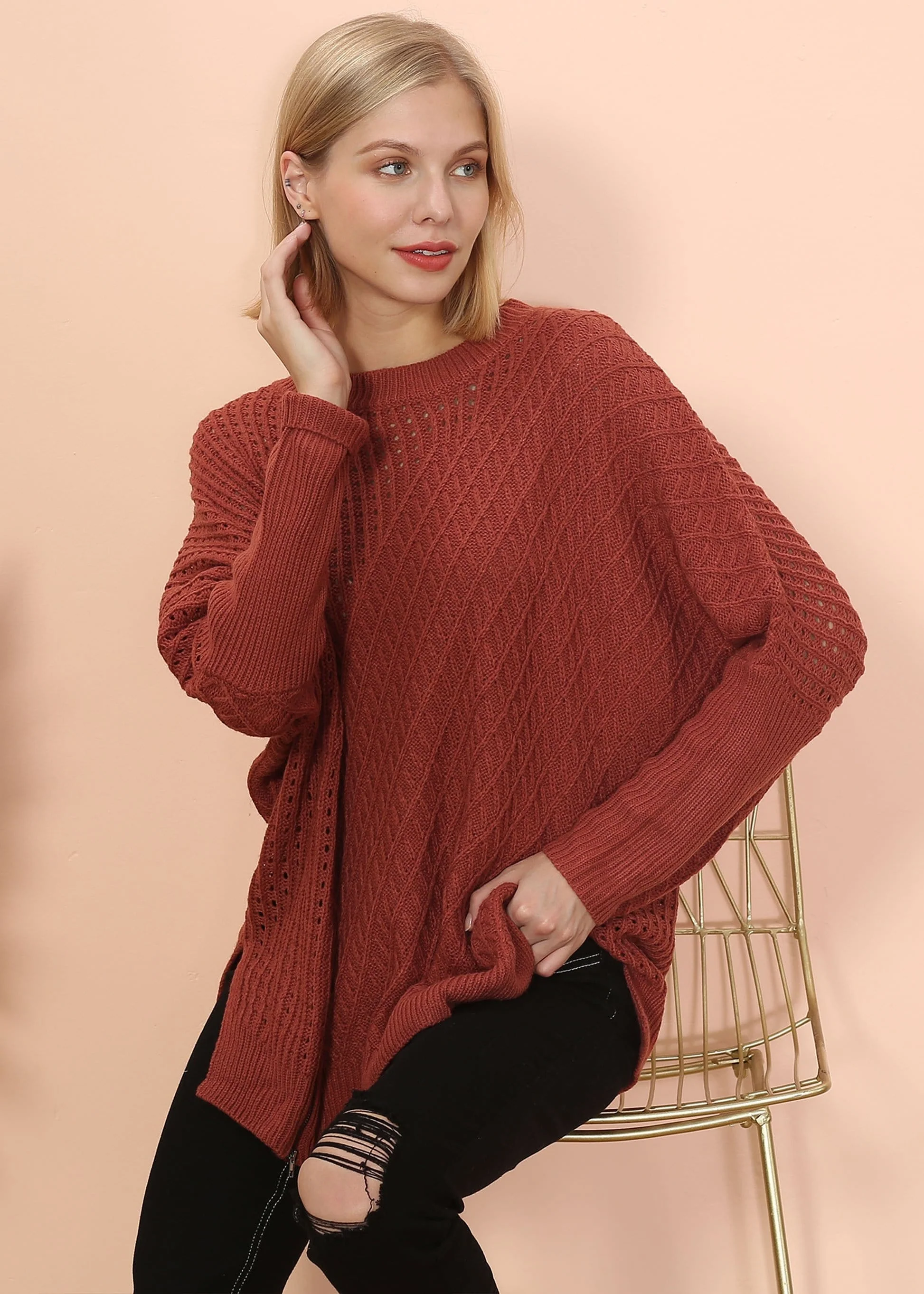 Mixed Knit Zipper Slit Sweater - Image 10